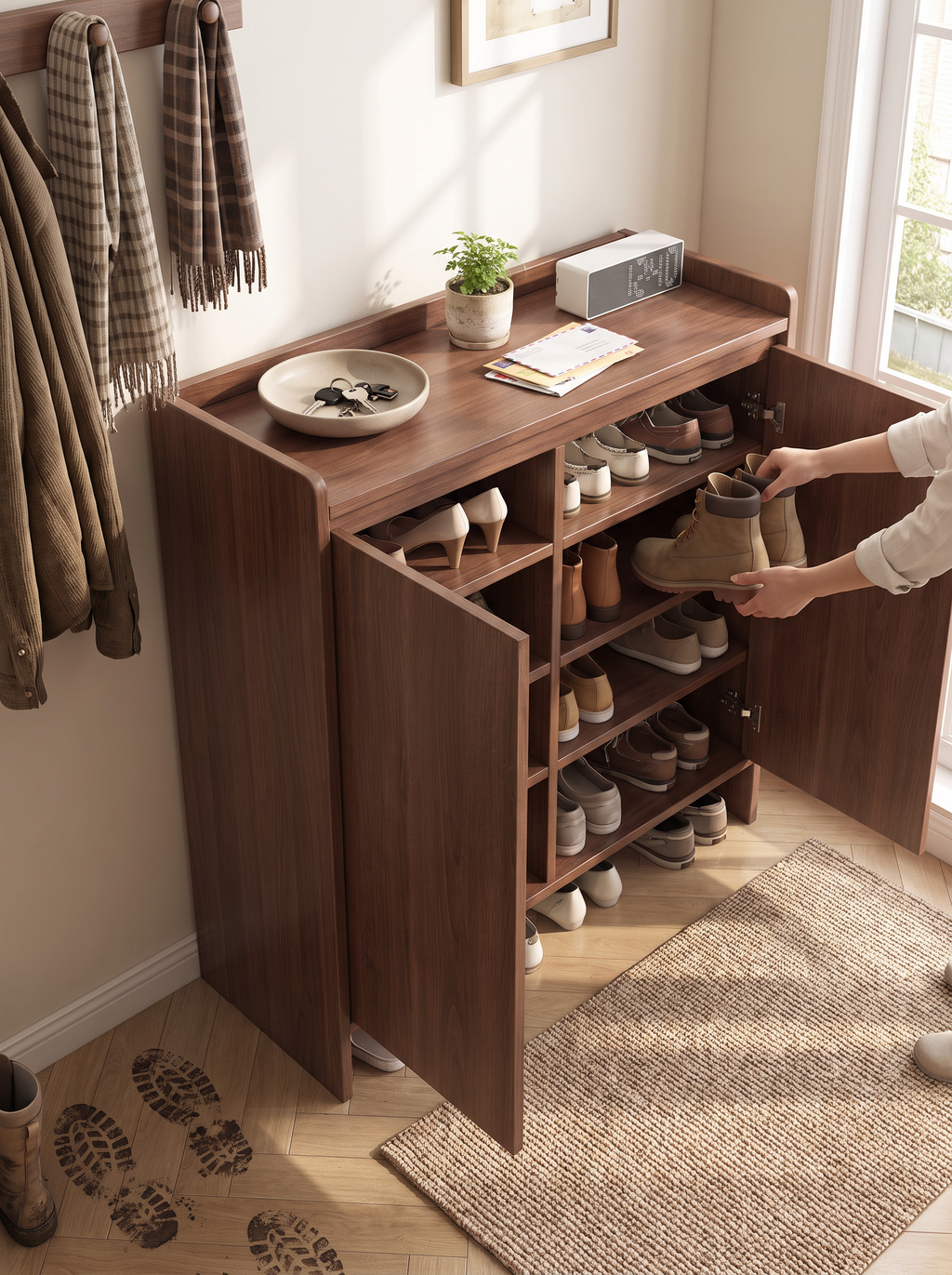 Interior of a large capacity solid wood shoe cabinet