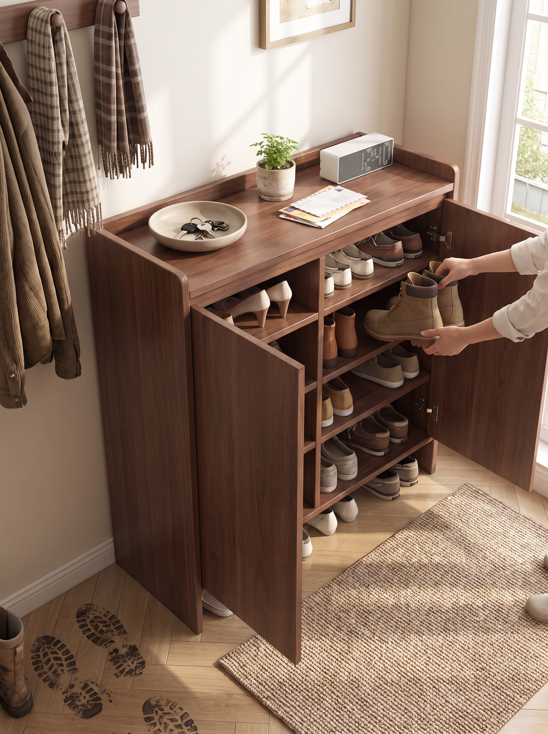 Interior of a large capacity solid wood shoe cabinet