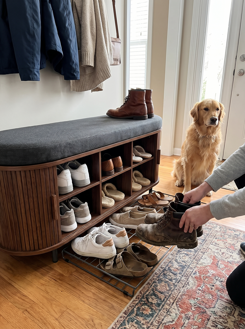 Three tiers of shoe storage beneath a hallway bench
