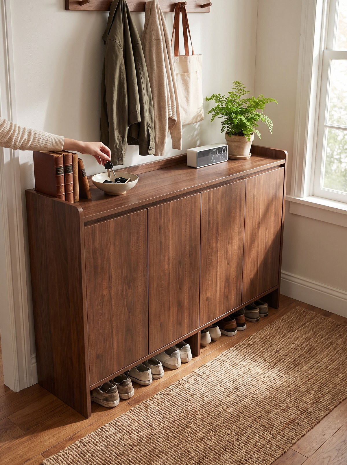 Solid wood shoe cabinet at a busy entrance hall