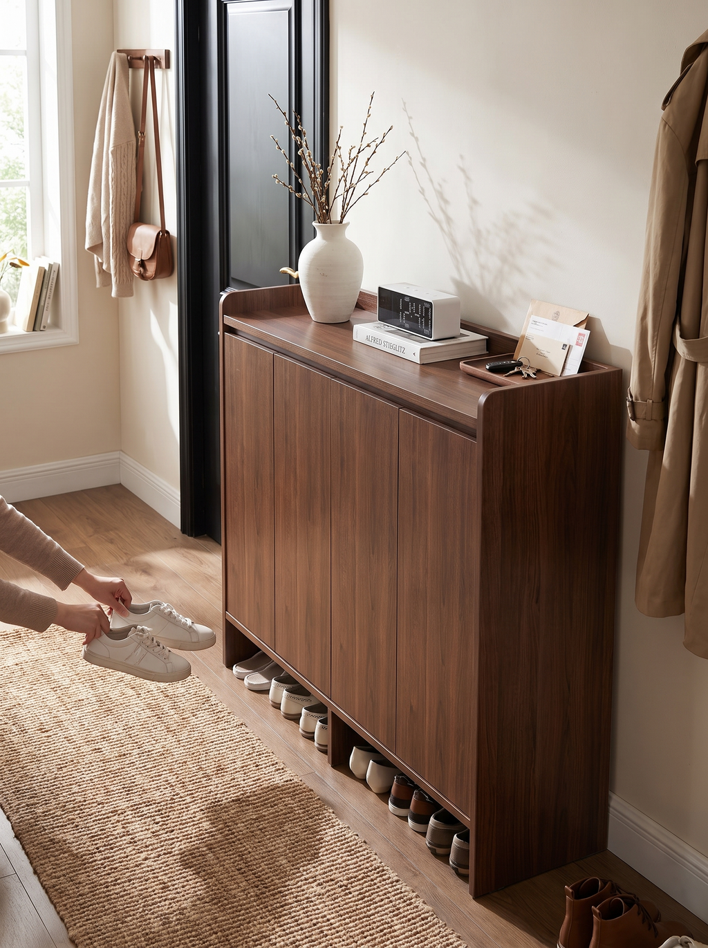 Tidy hallway with a closed wooden shoe cabinet