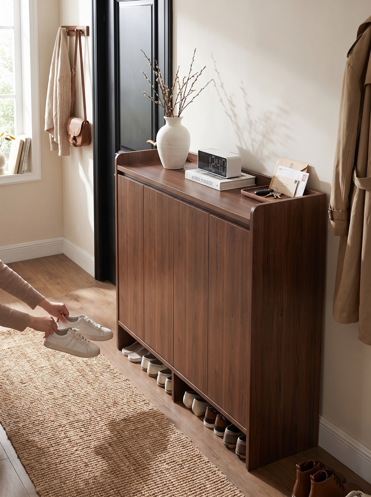 Tidy hallway with a closed wooden shoe cabinet