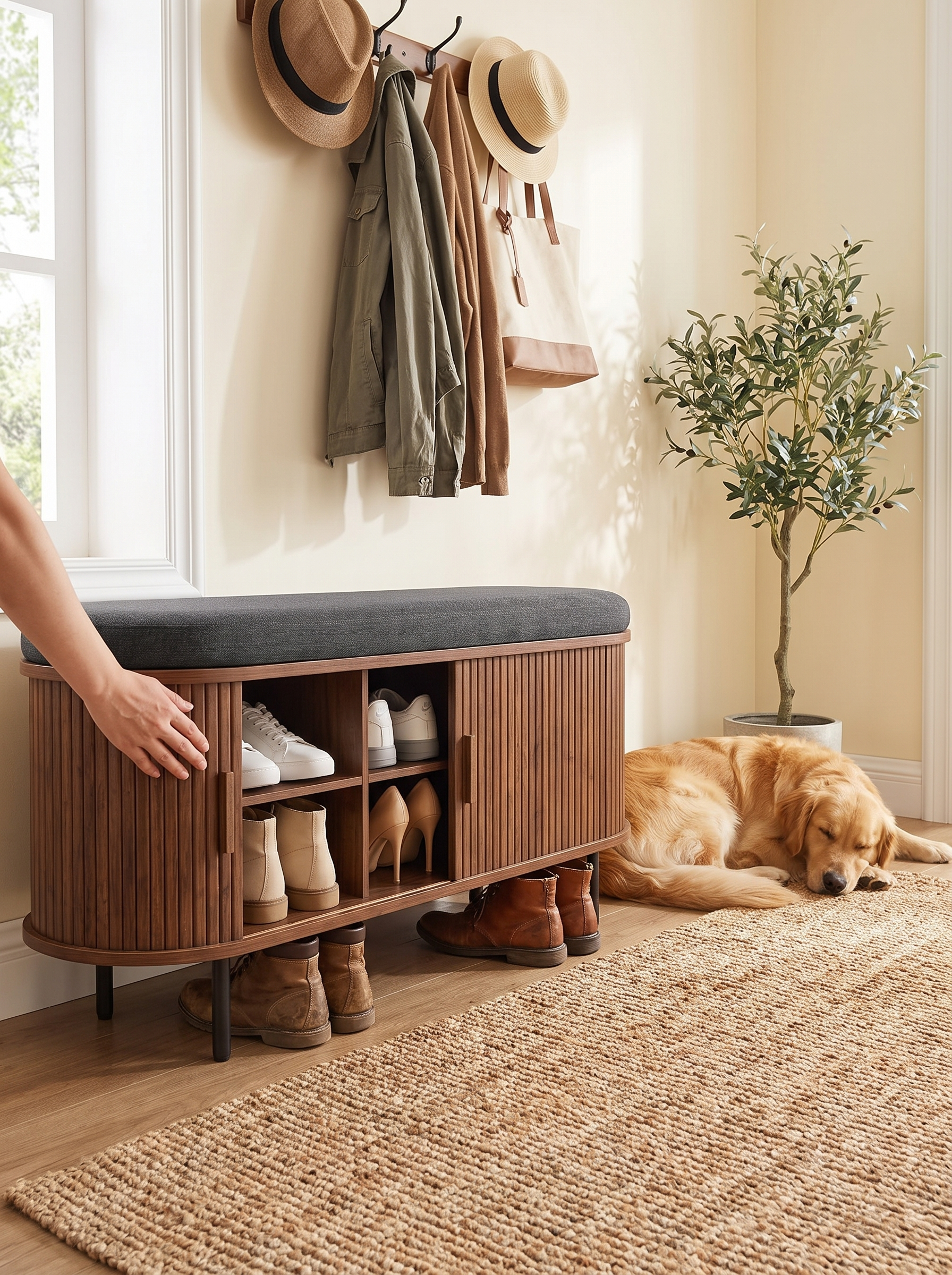 Sliding door on a shoe storage bench in a narrow walkway