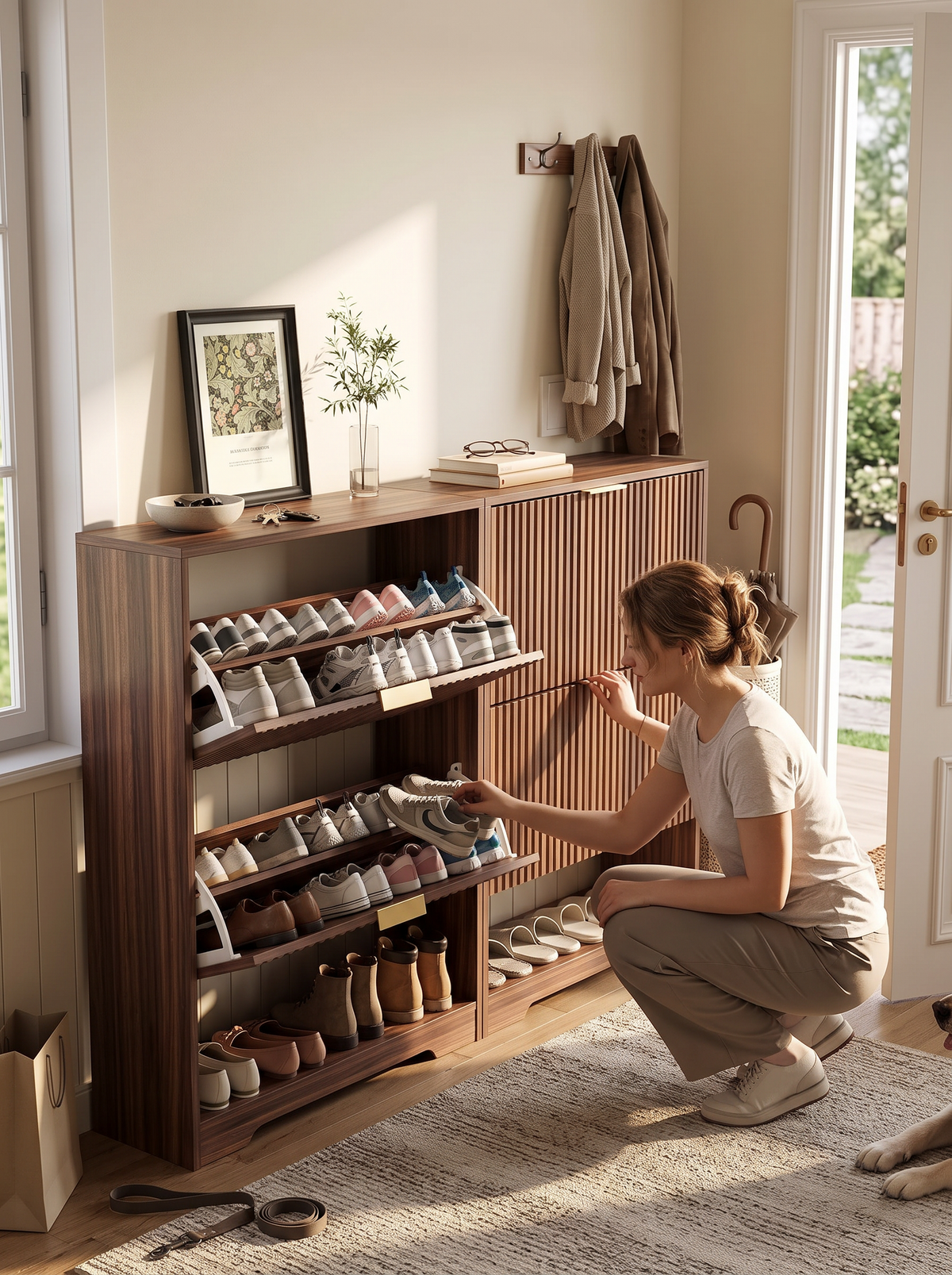 Fluted shoe cabinet catching side light in a hallway