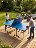 Folding table tennis table set up for a game