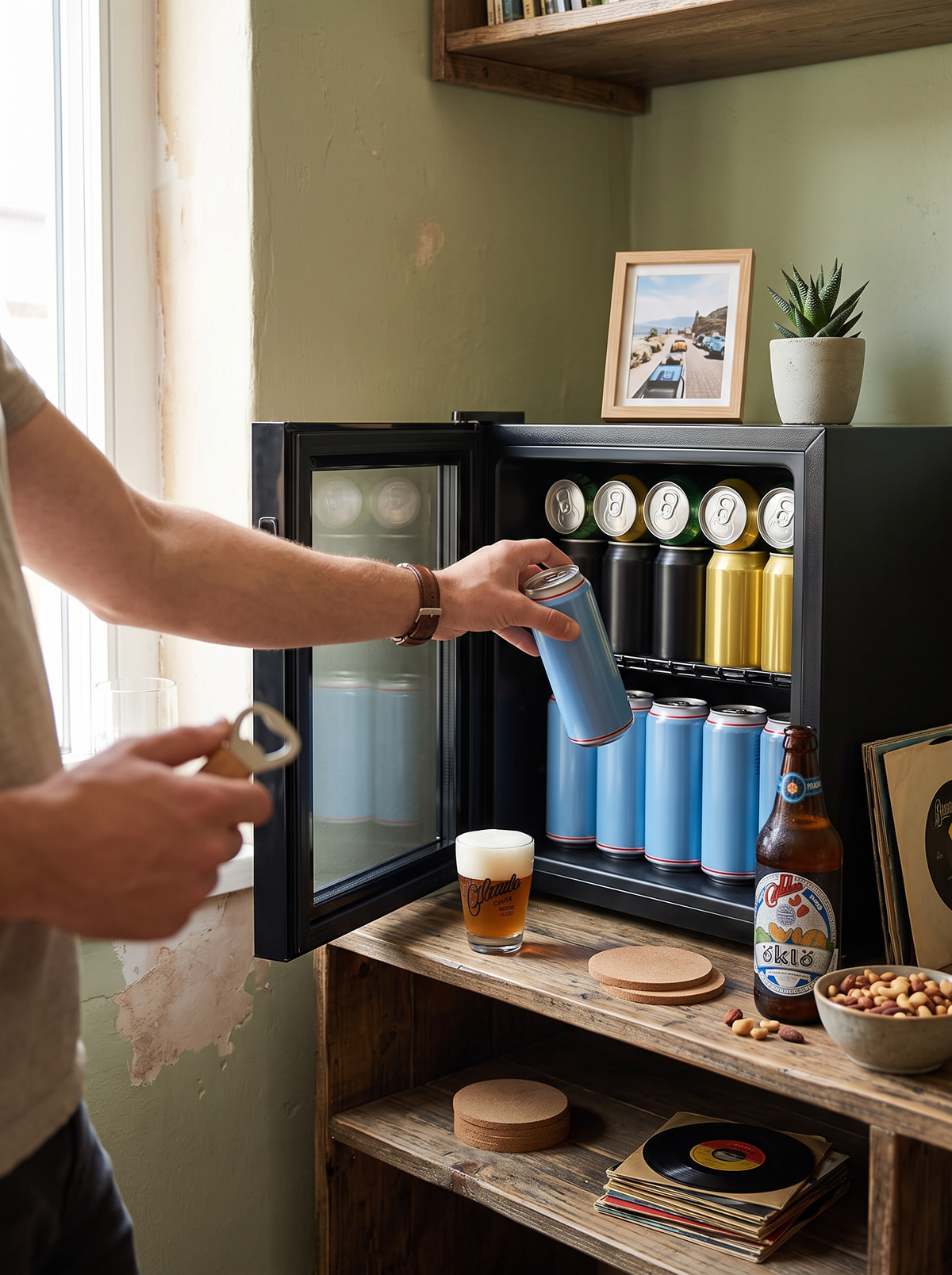 Compact drinks fridge in a home office