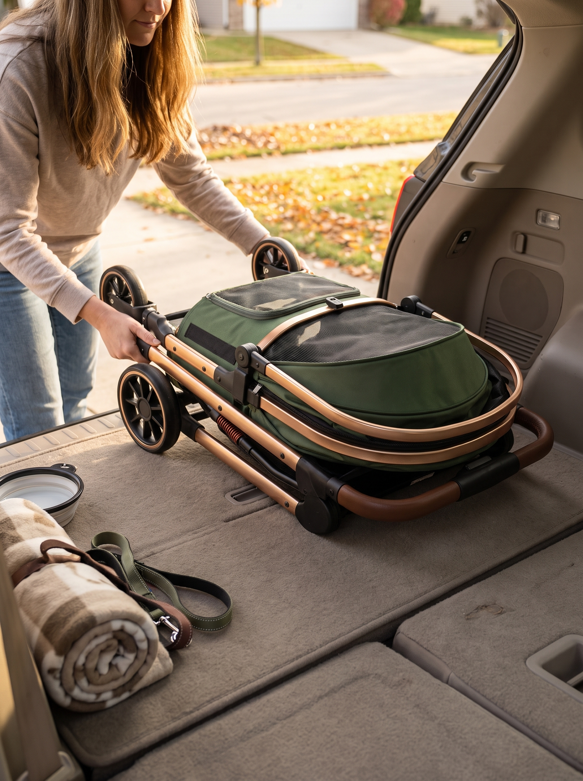 Folded pet stroller loaded into a car boot