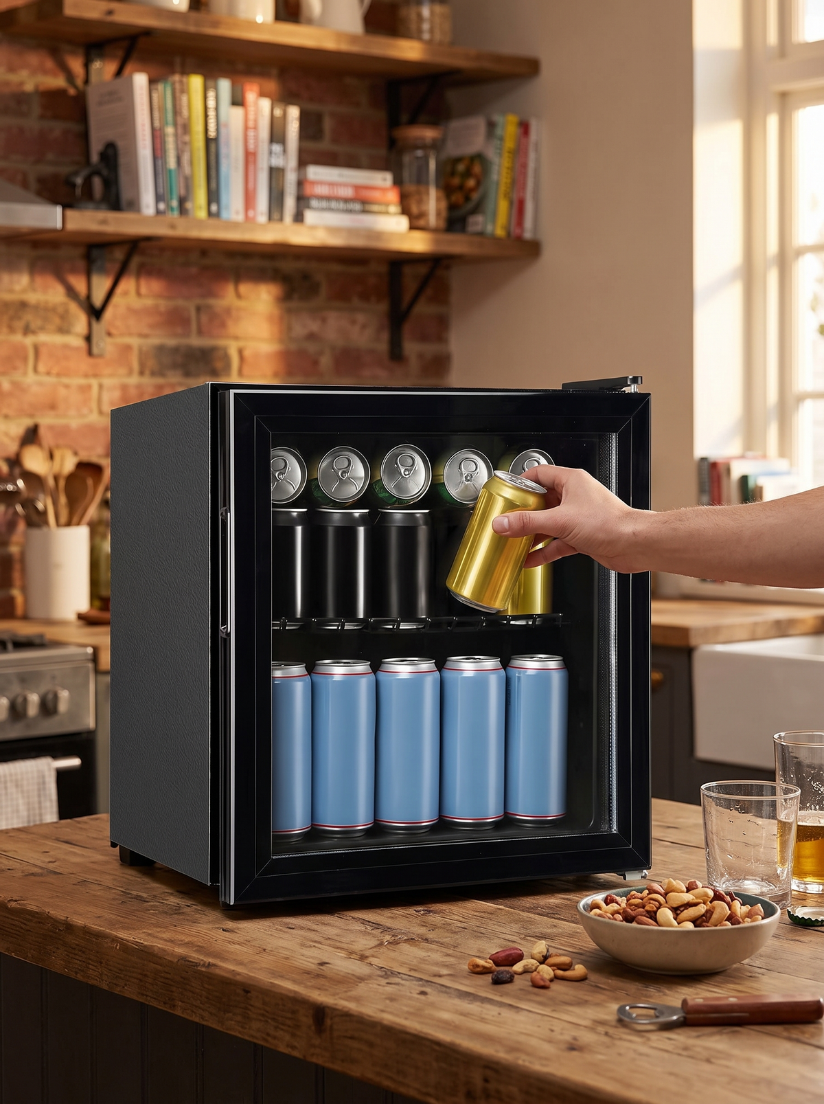 Countertop beverage fridge filled with cans