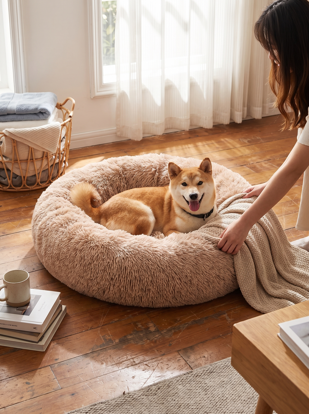 NEST plush dog bed on a hard floor