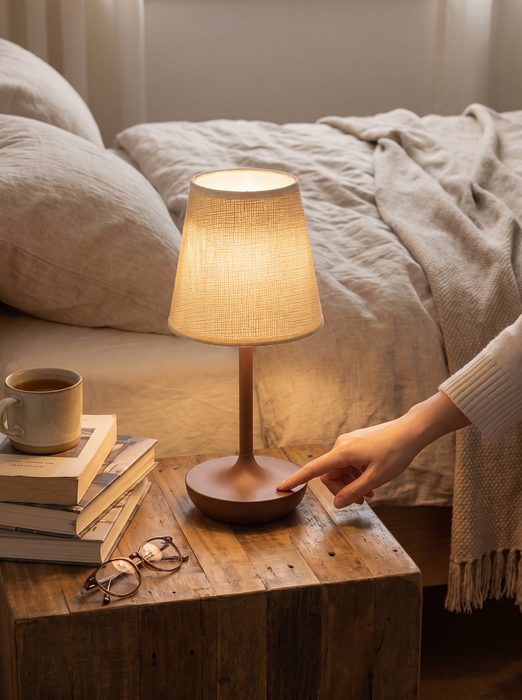 WICK rechargeable bedside lamp on a nightstand