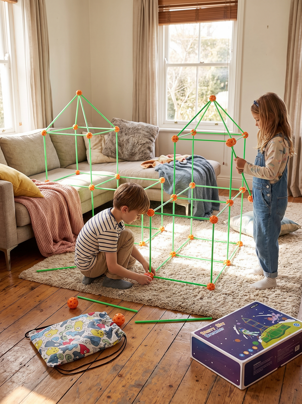 Children building a fort with the FORT kit