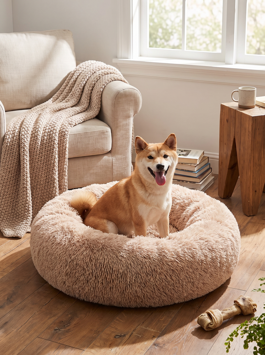 NEST calming round dog bed with a dog curled up
