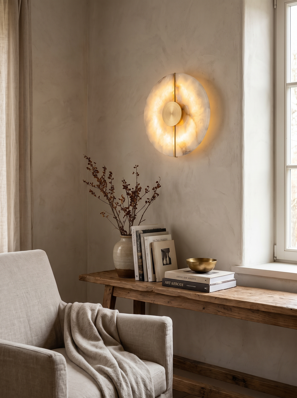 SOLSTICE alabaster disc wall light copper centre
