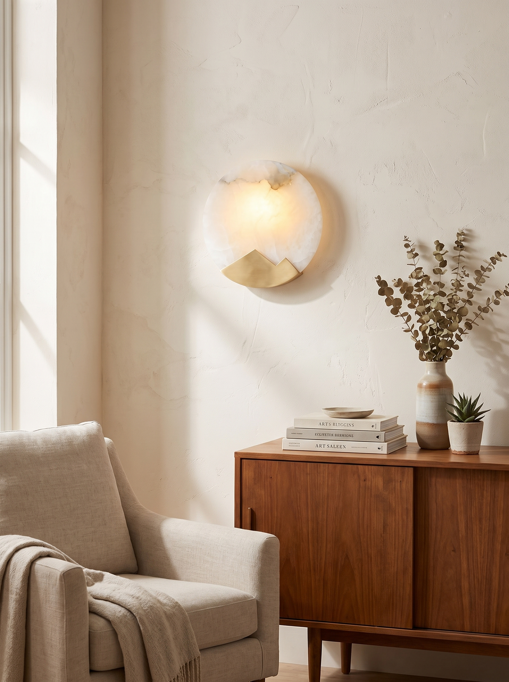 LINEN round wall light beside a bed