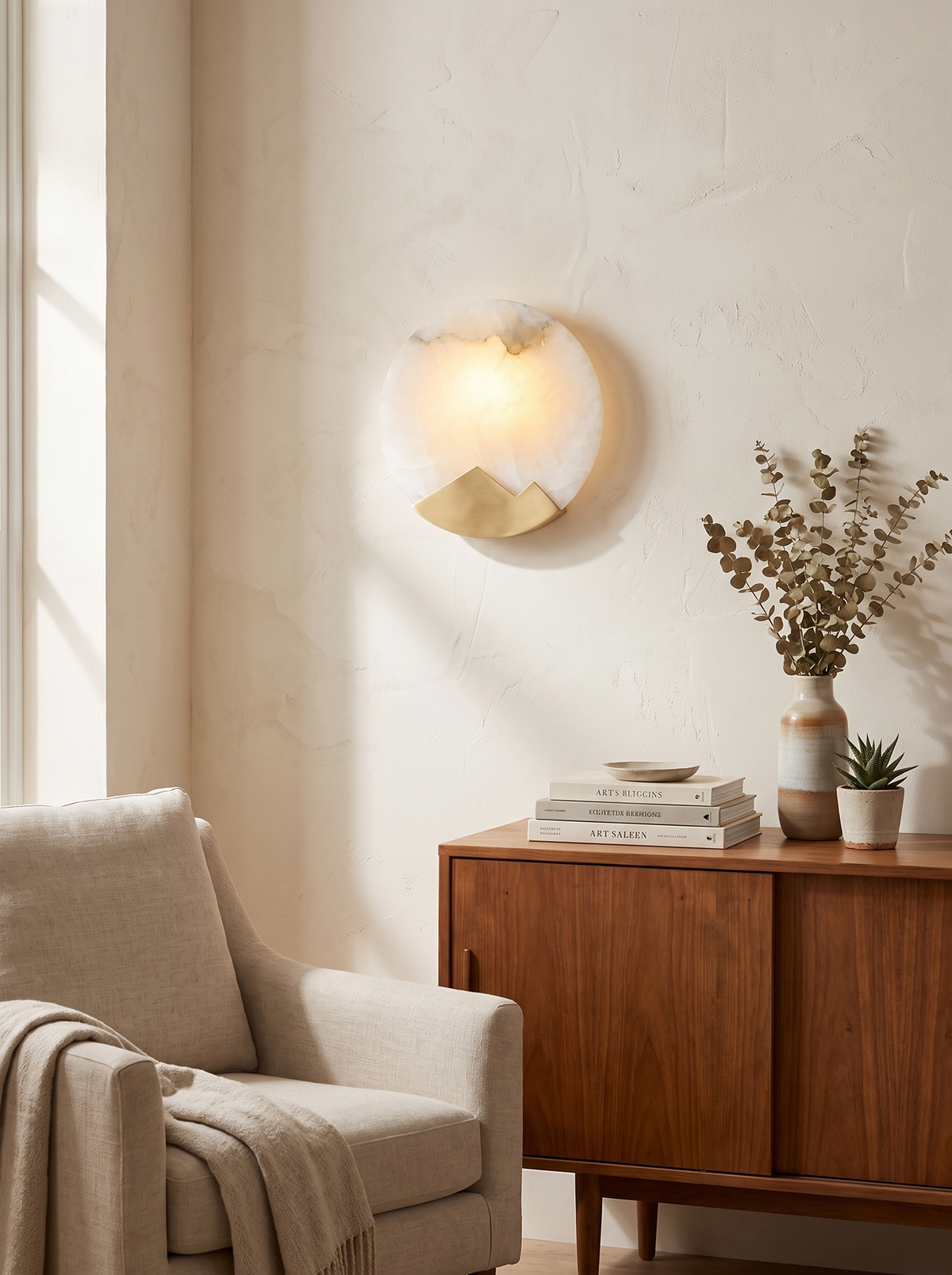 LINEN round wall light beside a bed
