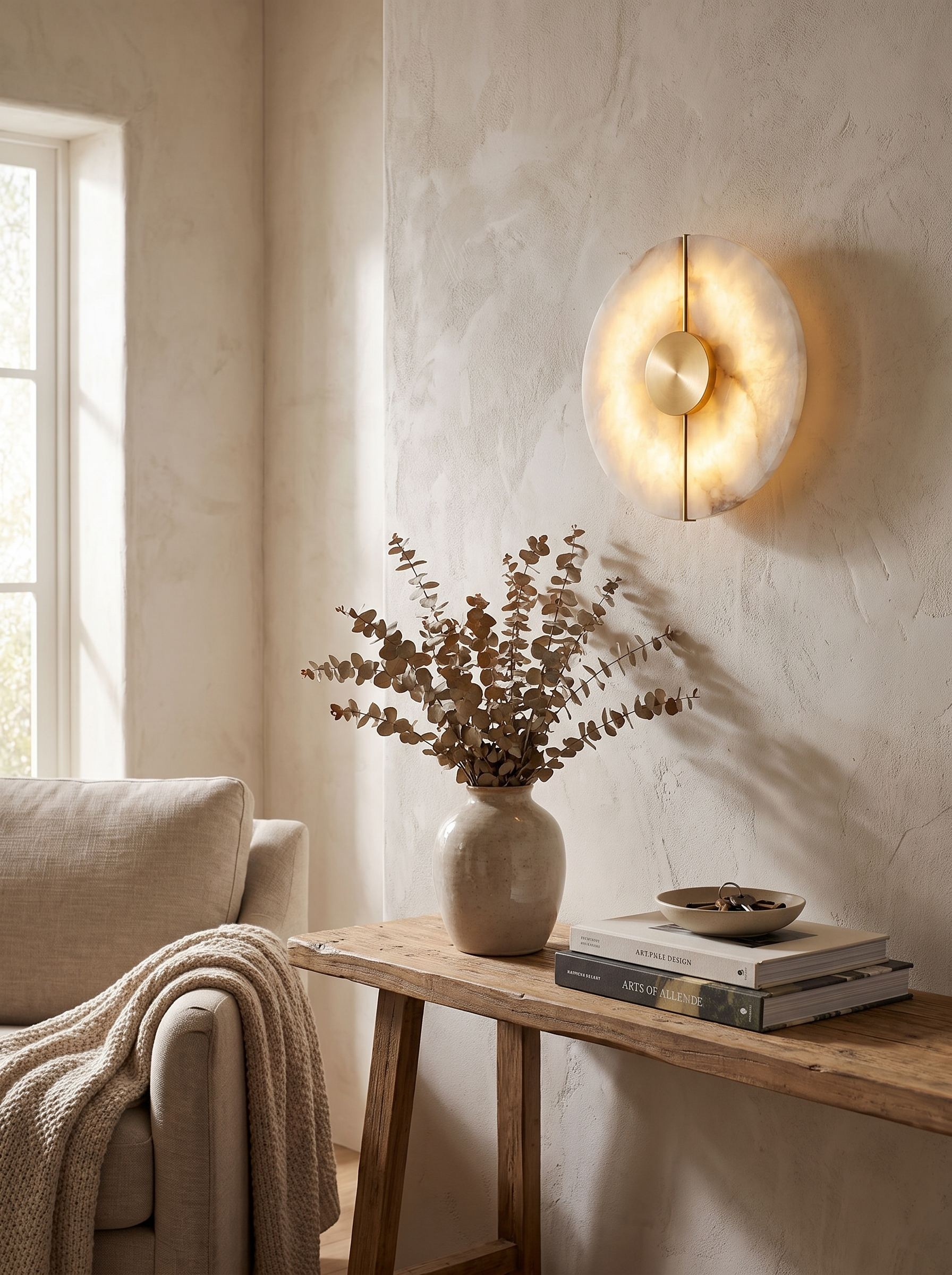 SOLSTICE wall light lit in a hallway