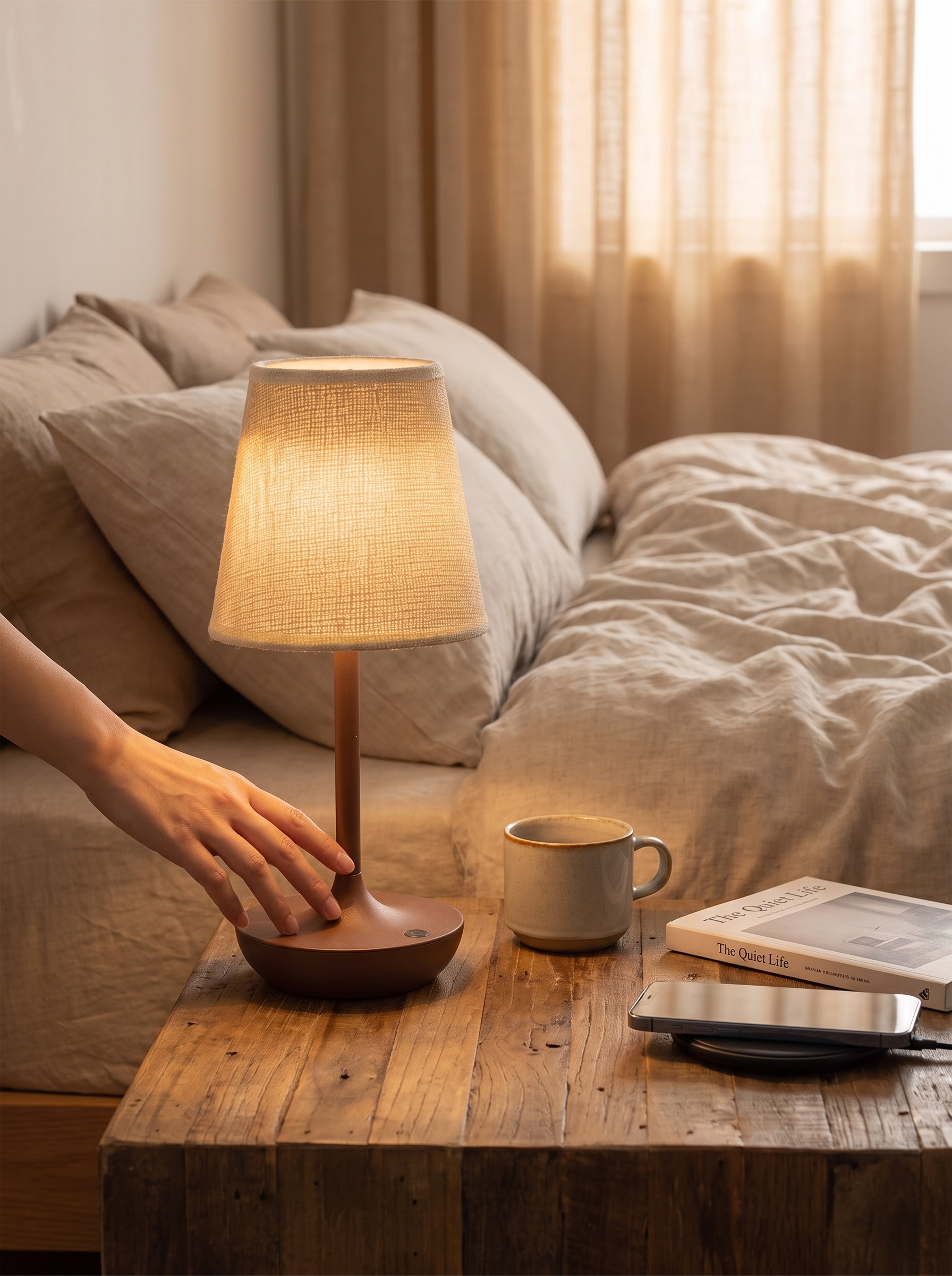 GOODNEST WICK rechargeable lamp on an uncluttered nightstand