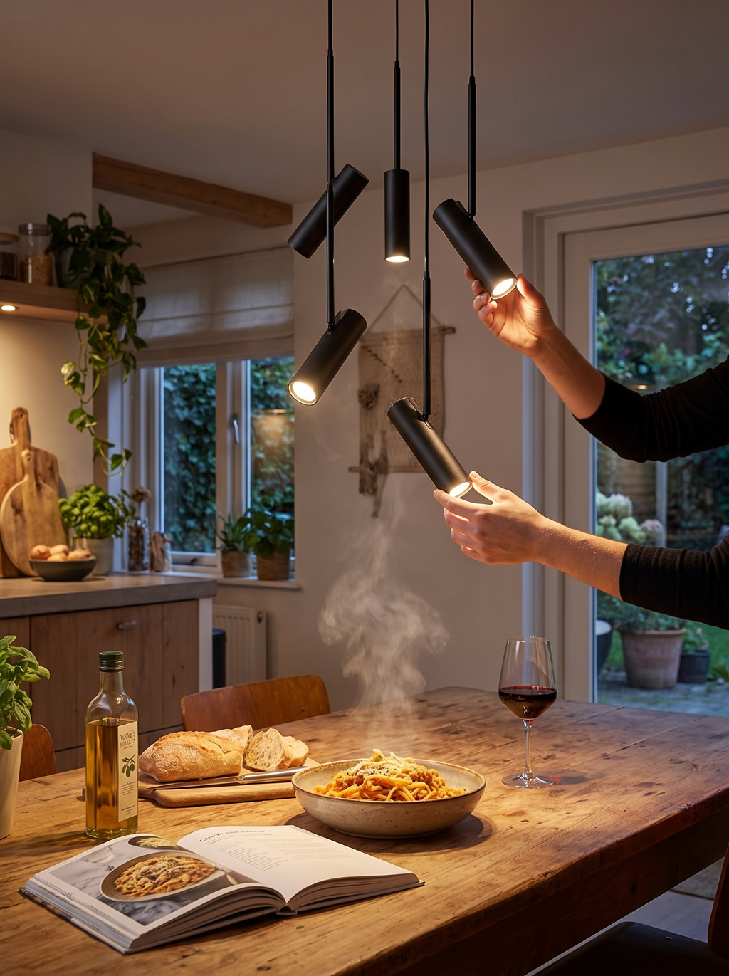 GOODNEST SPINE spotlight pendant aimed along a kitchen island