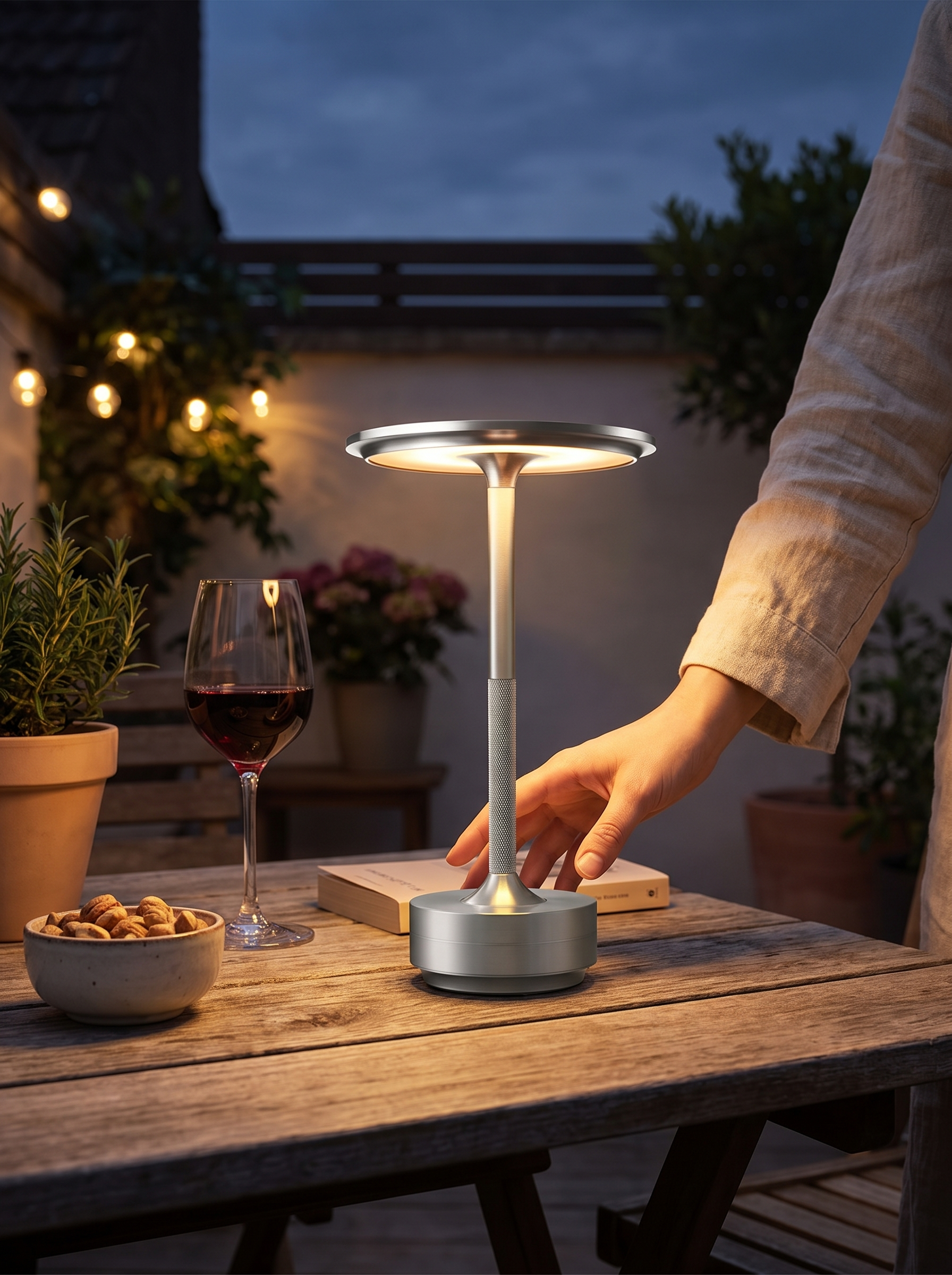 GOODNEST EMBER cordless lamp on a garden table at dusk