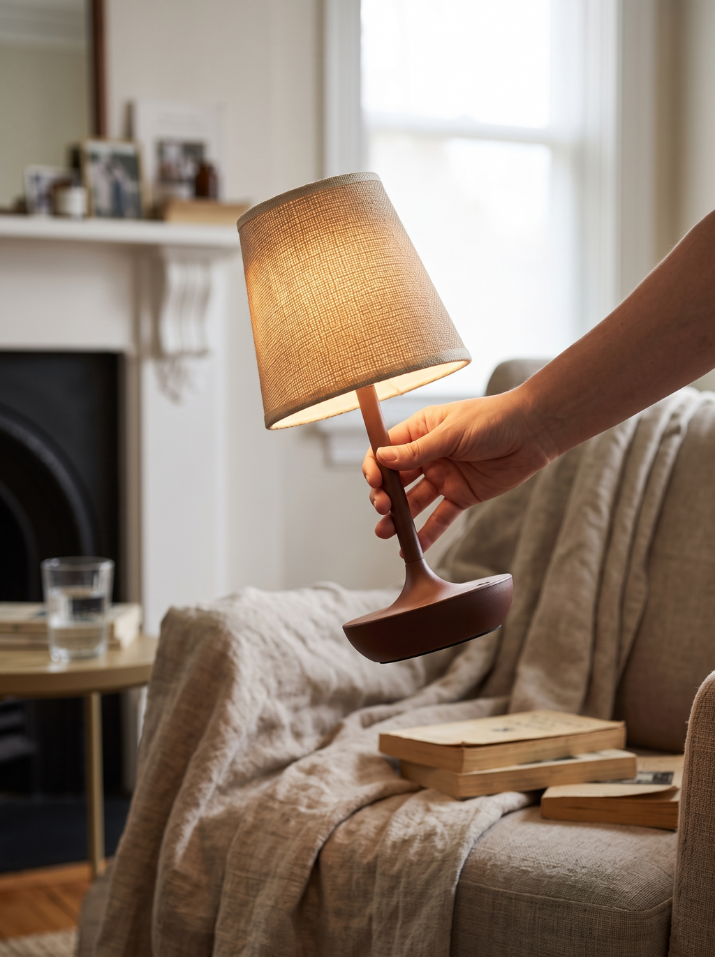 GOODNEST WICK lamp being carried by hand down a hallway