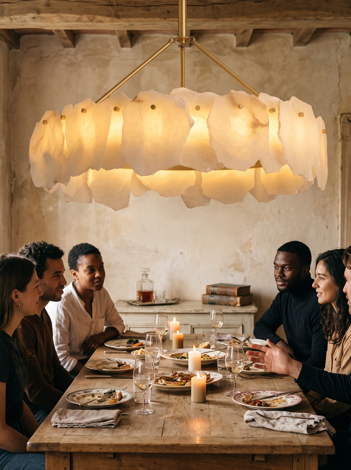 GOODNEST MERIDIA chandelier lit warm above a dining table
