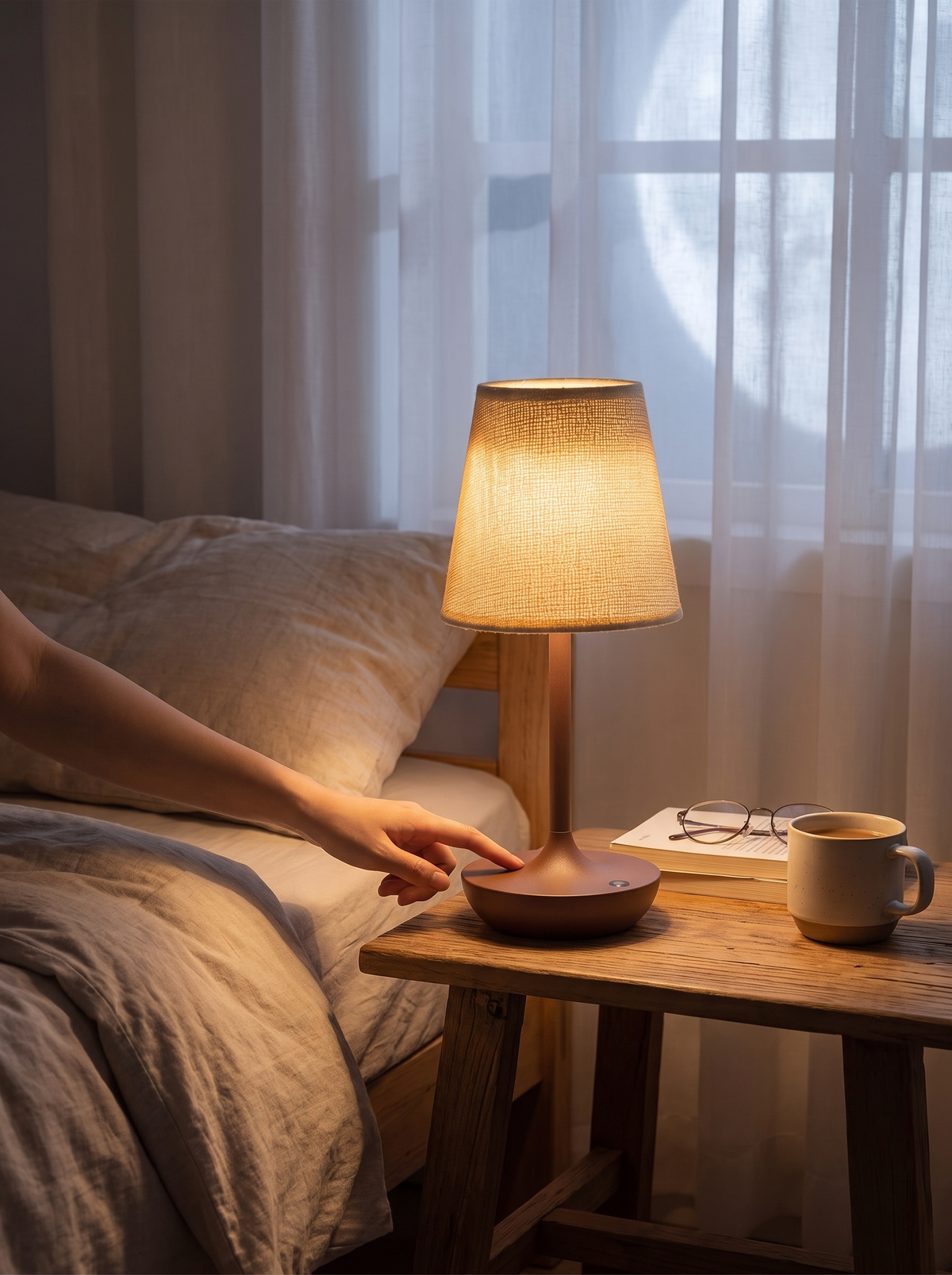 GOODNEST WICK bedside lamp glowing low through the night