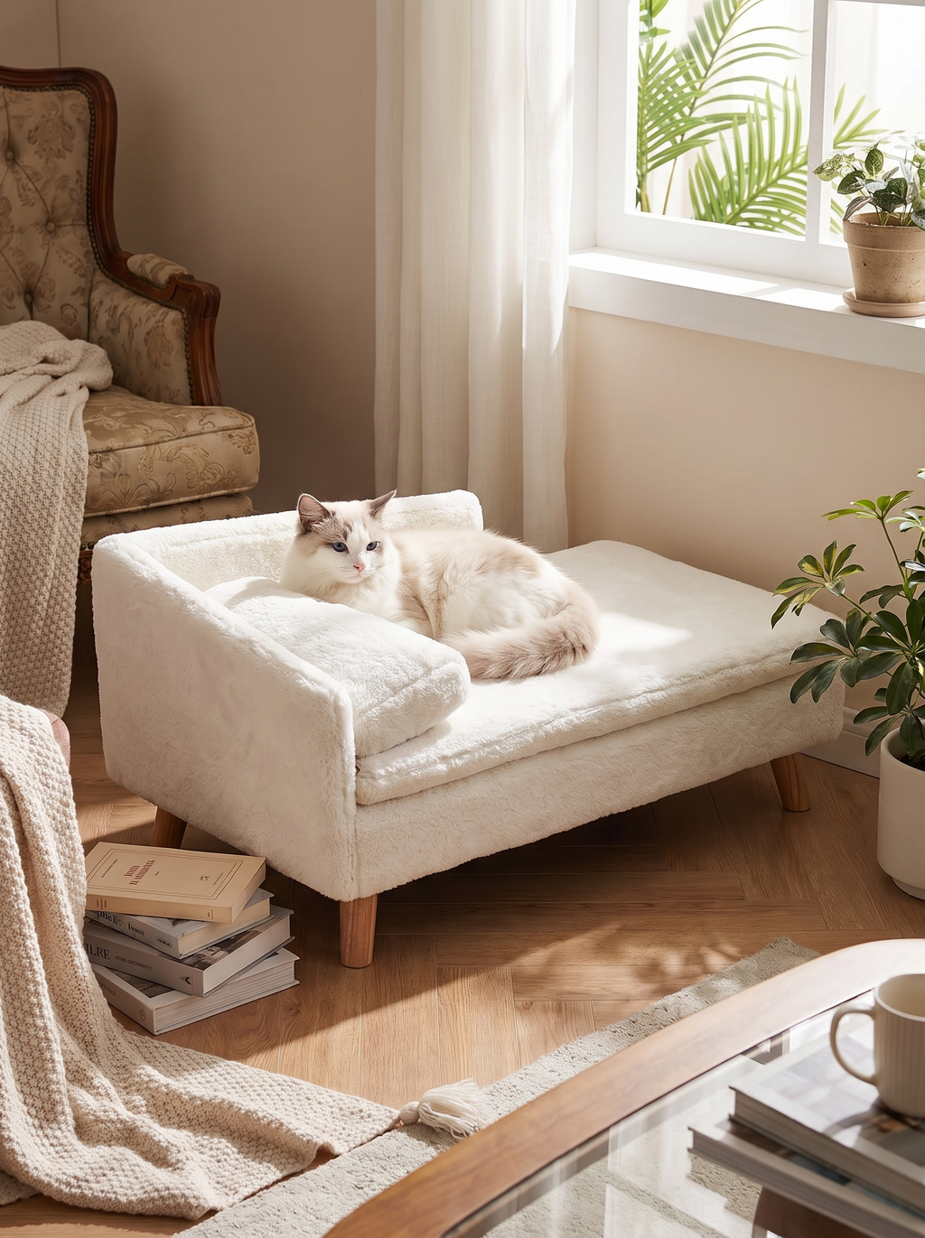 GOODNEST PERCH cat leaning into the L shaped backrest