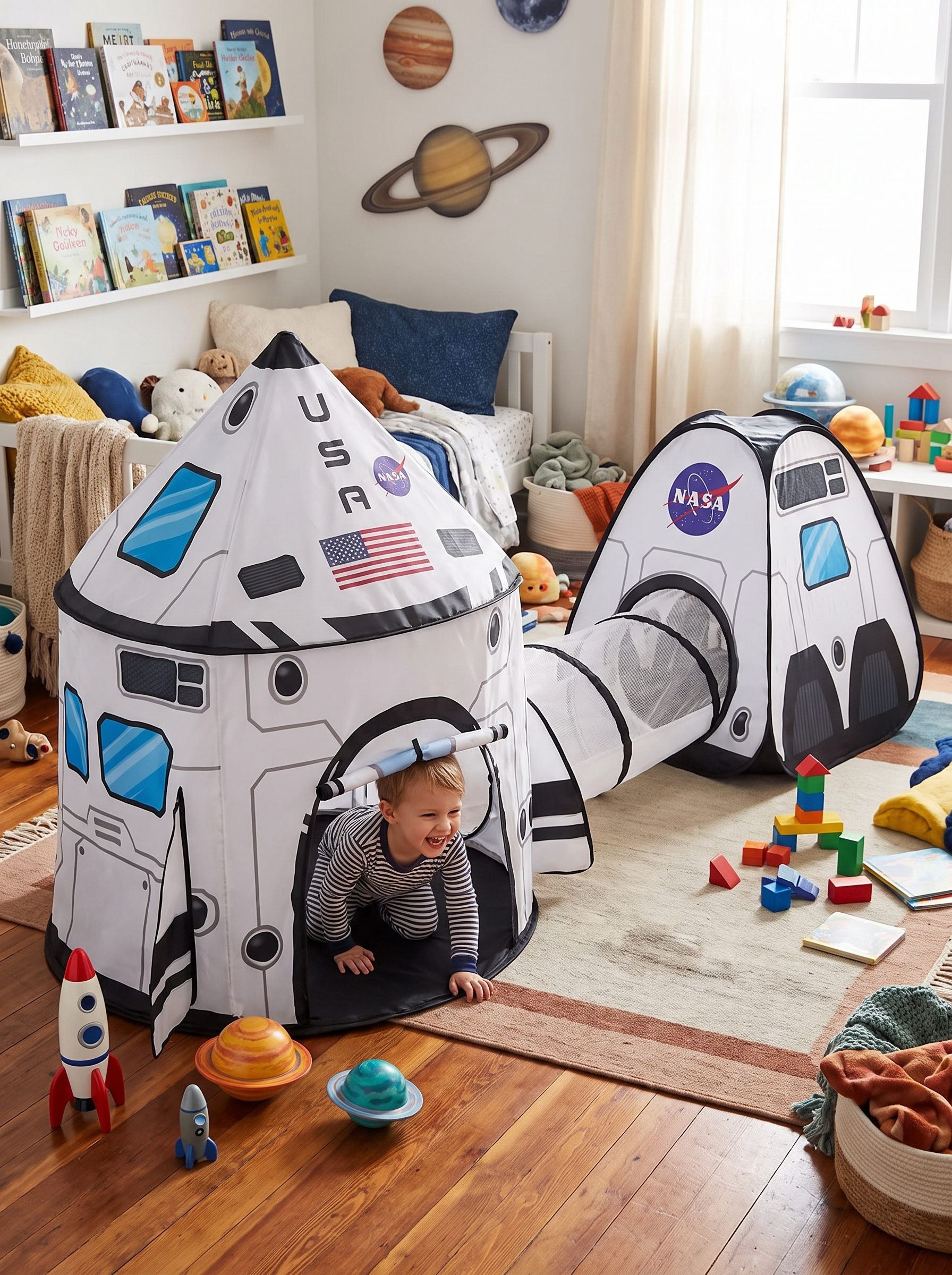 GOODNEST LAUNCH rocket play tent set up in a playroom