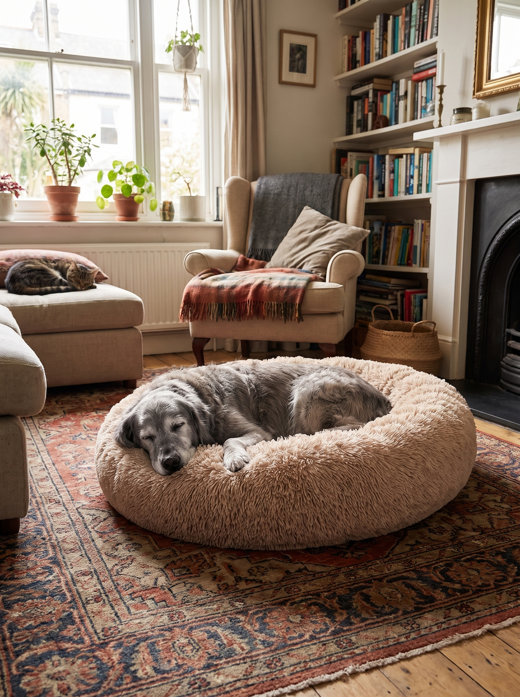 GOODNEST NEST older dog asleep in the plush round bed