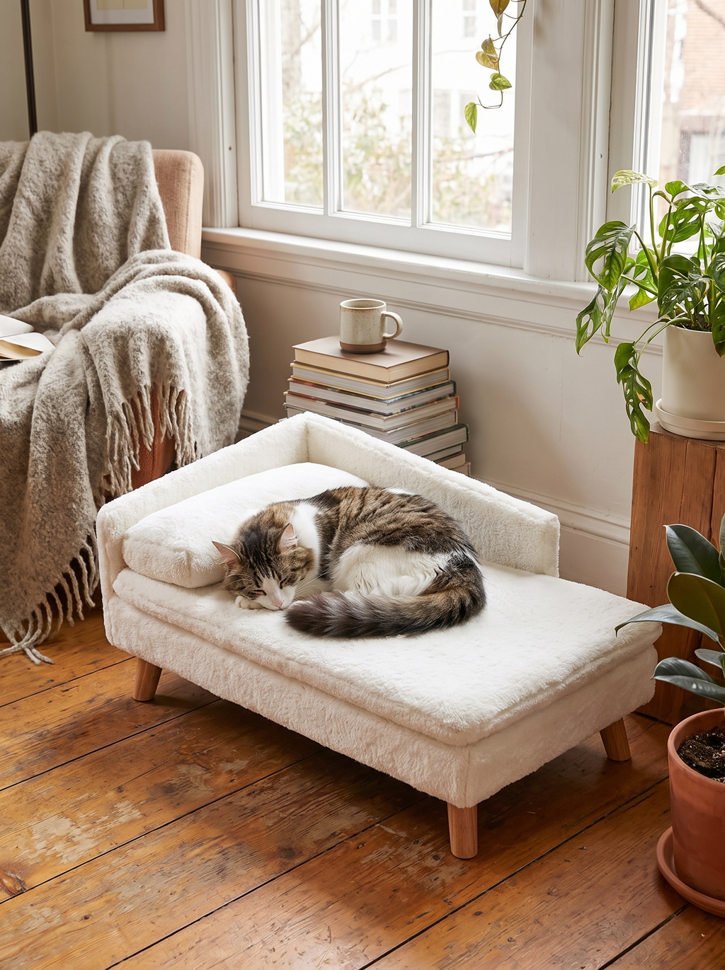 GOODNEST PERCH pet sofa in a living room with a dog on it