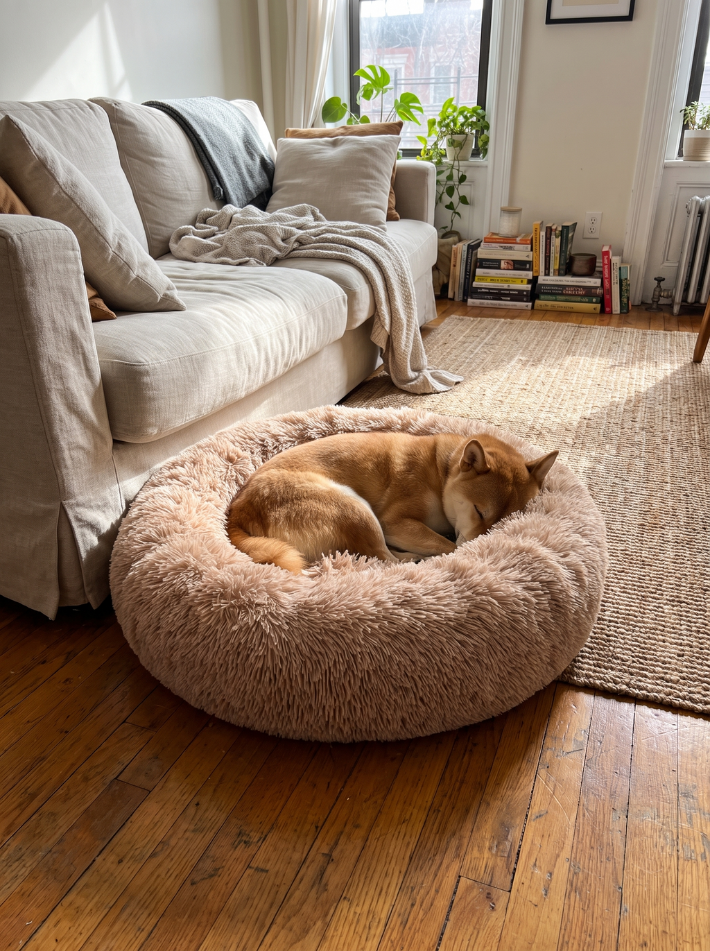 GOODNEST NEST dog curled into the round calming bed