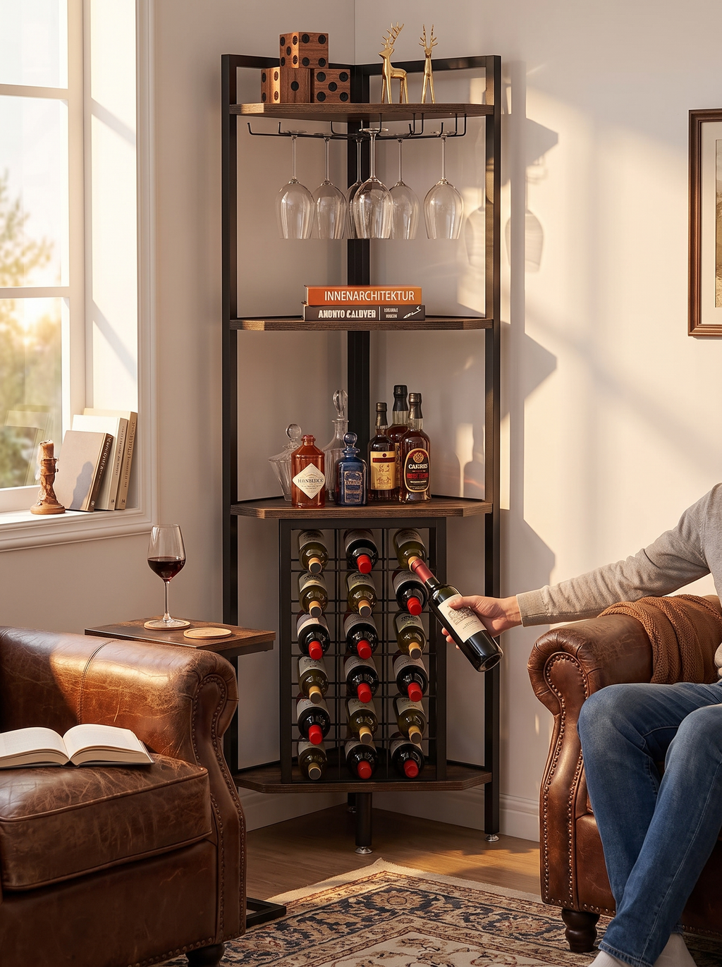 Corner wine rack bar shelf tucked into a room corner