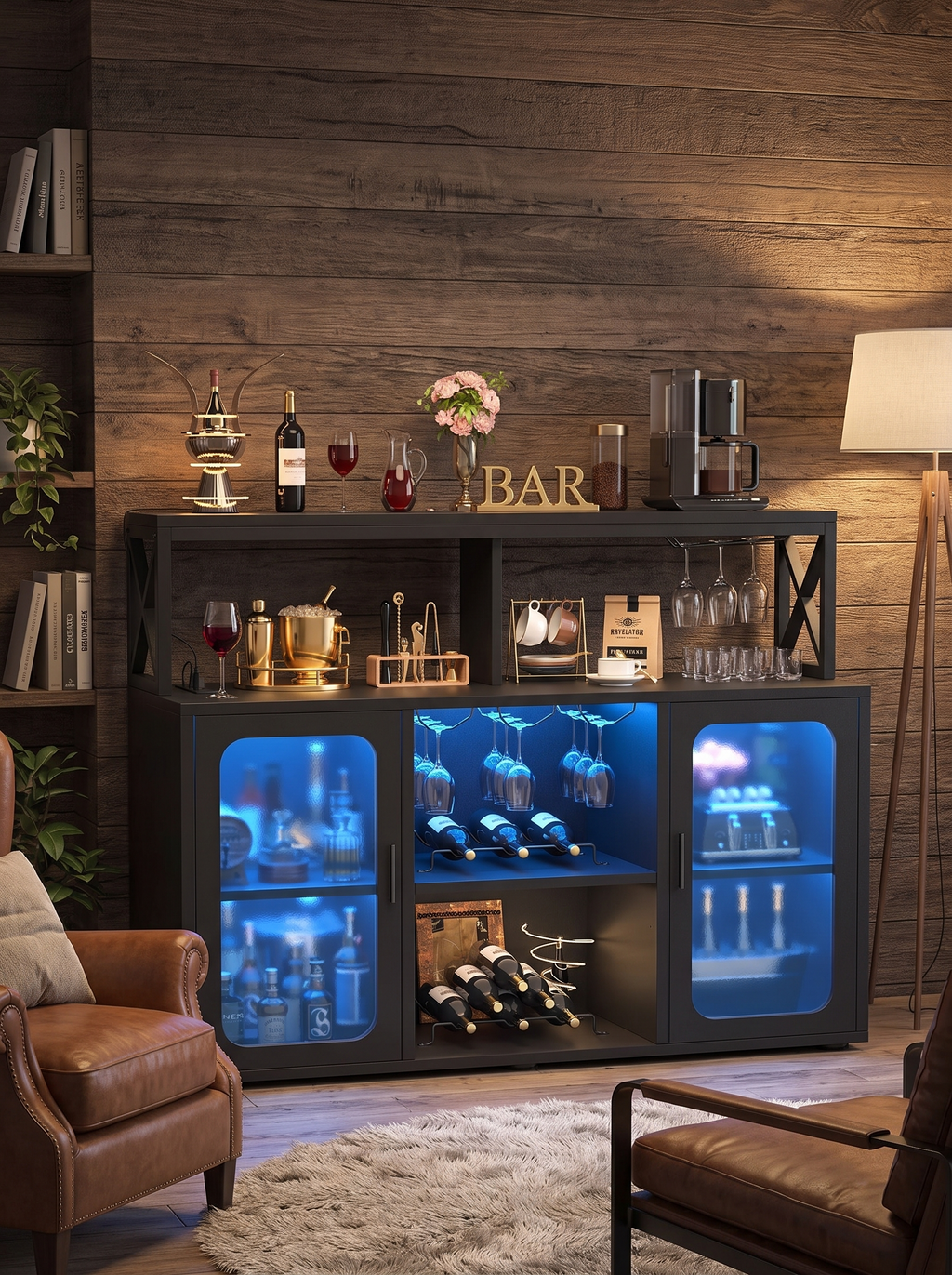 Wine rack and hanging glassware inside a black bar cabinet
