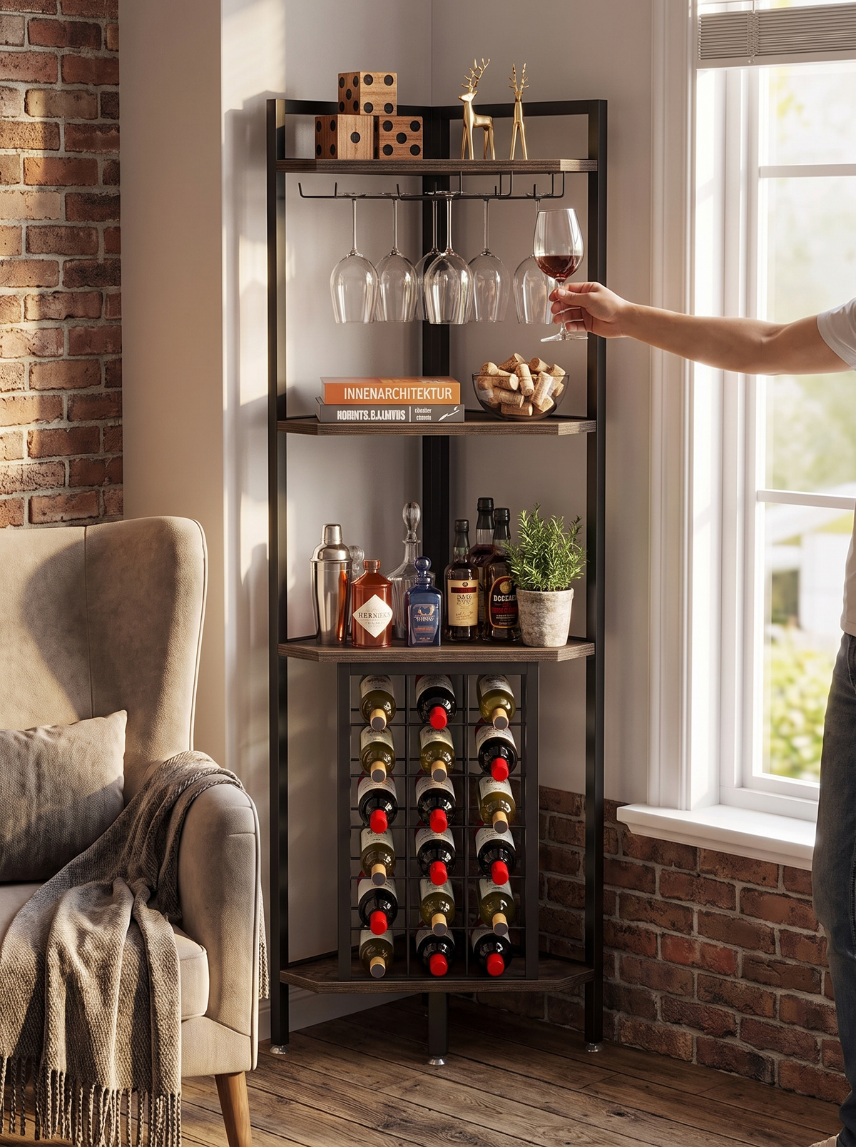 Four tier corner bar shelf holding bottles and glasses