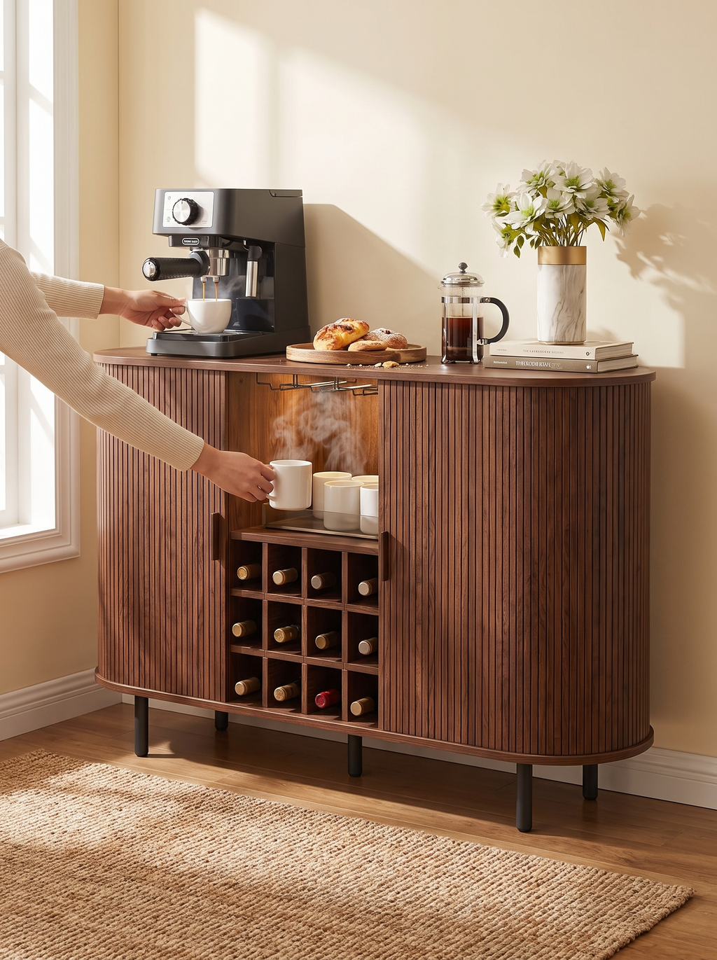 Walnut wine bar sideboard in a dining room