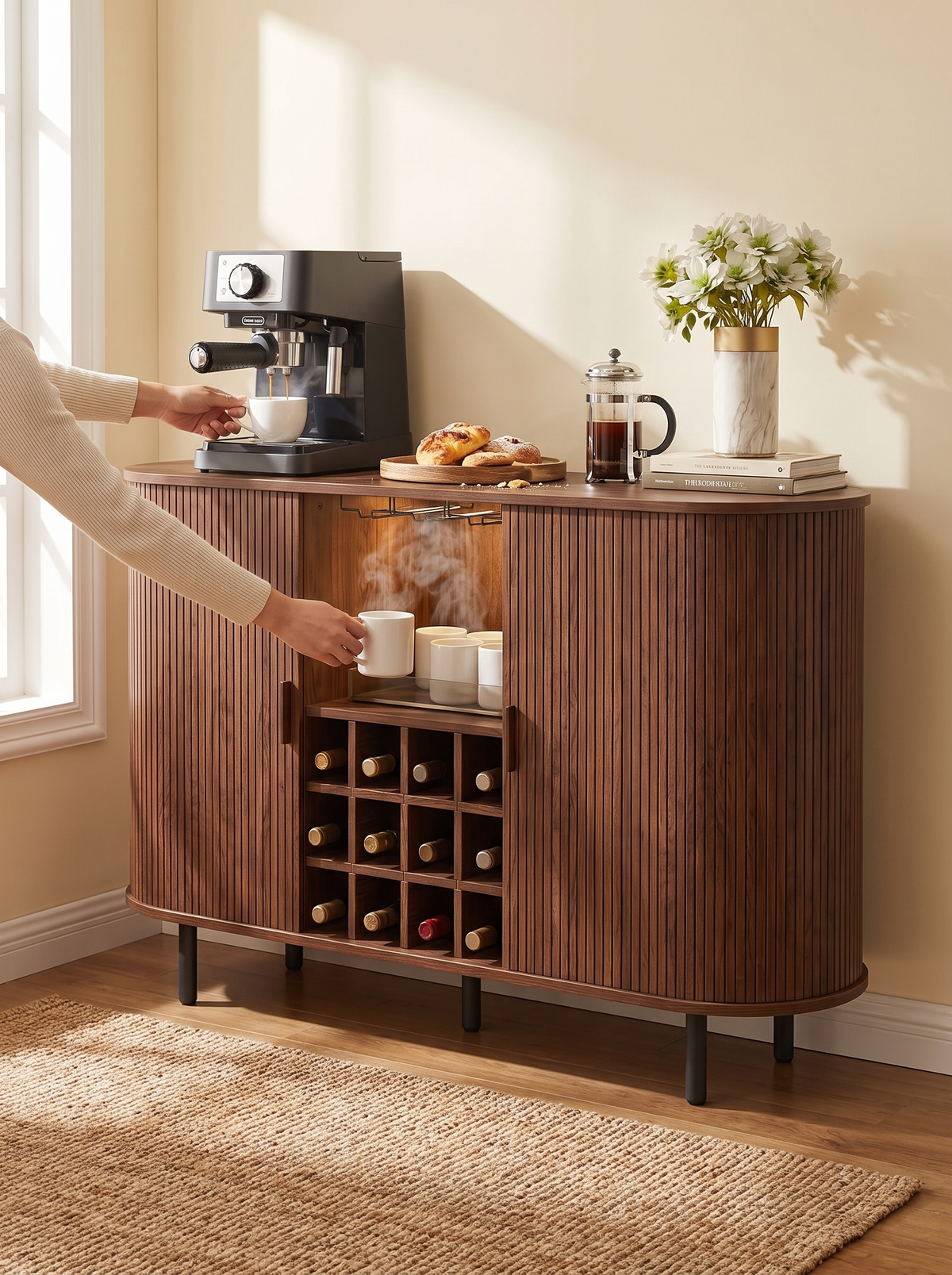 Walnut wine bar sideboard in a dining room