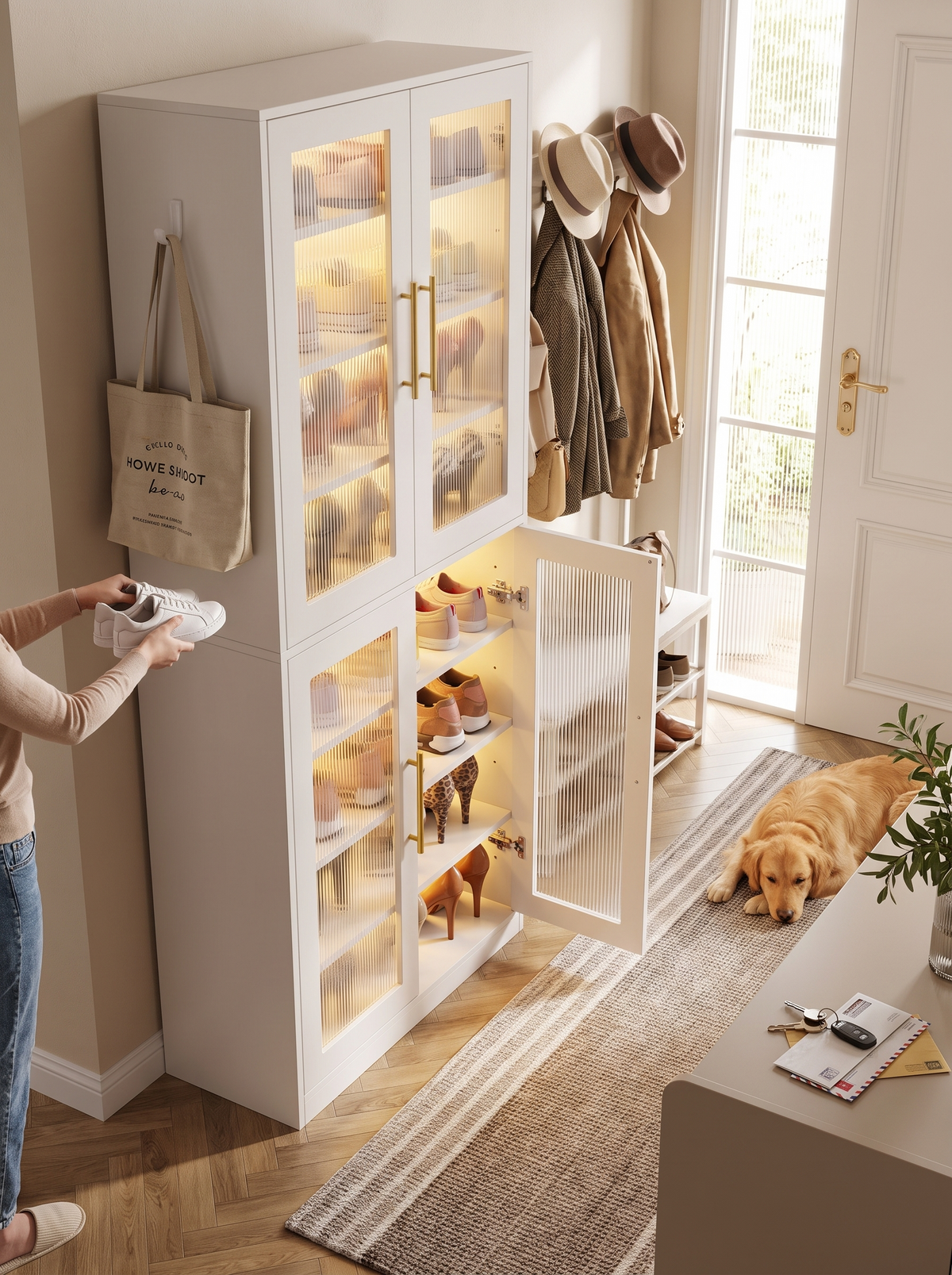 Acrylic door shoe display cabinet showing a shoe collection