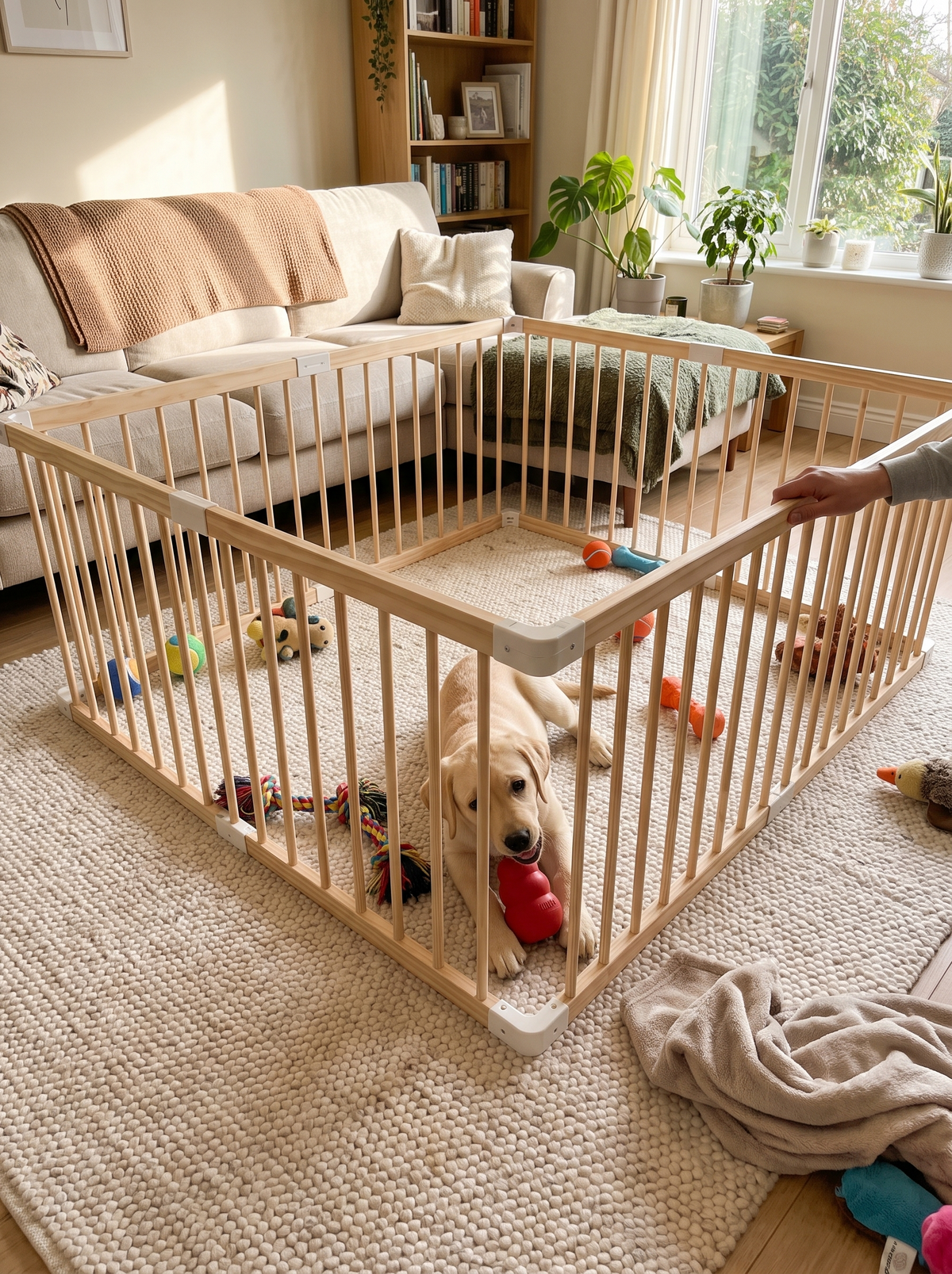 Bare pine playpen rail with a puppy chewing safely