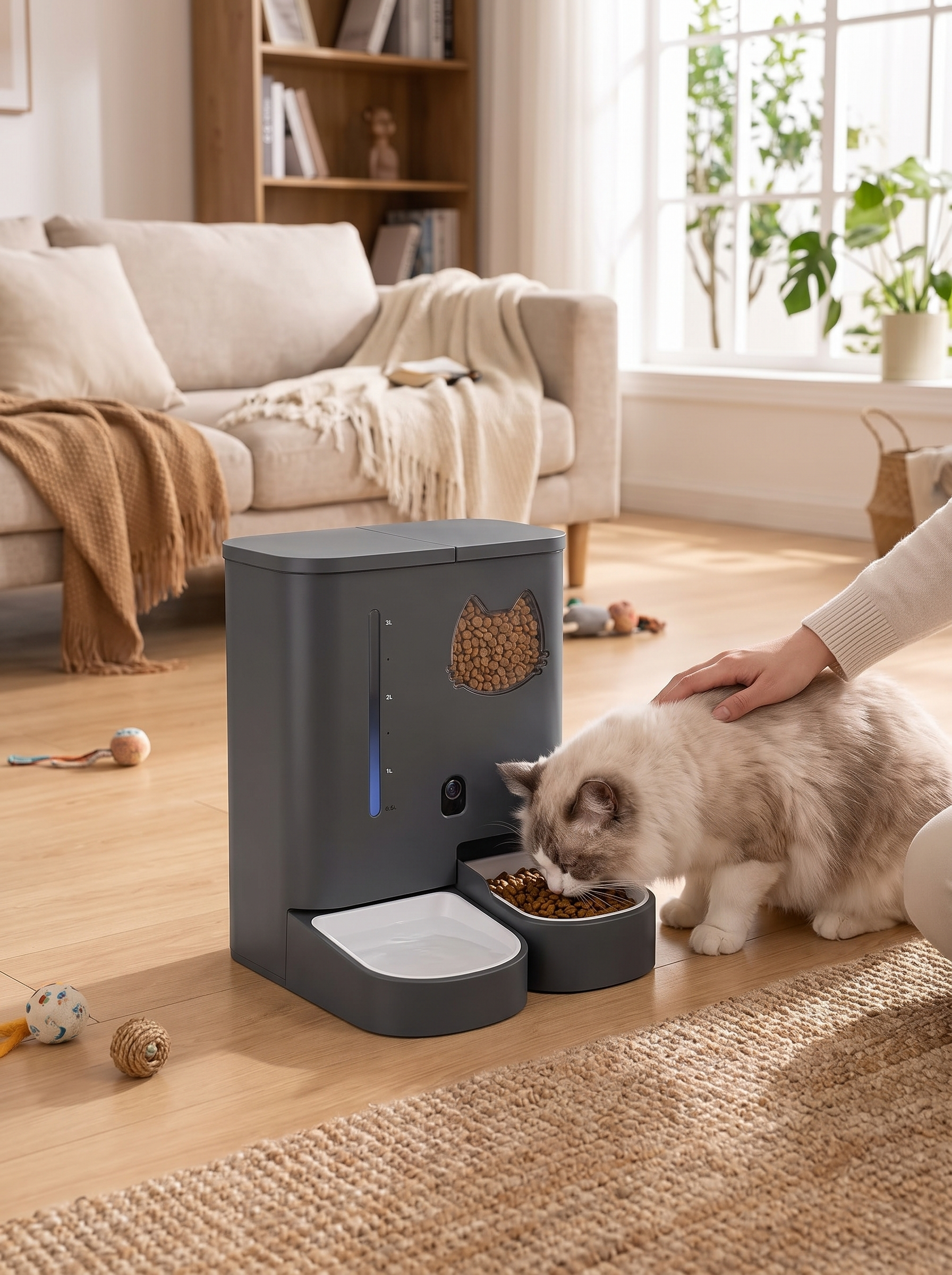 Single feeding station in a corner of a kitchen