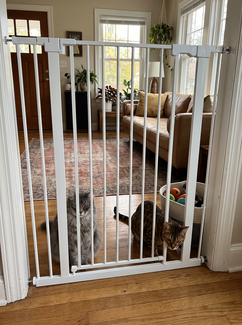 Narrow steel bars on a pet gate with a puppy behind