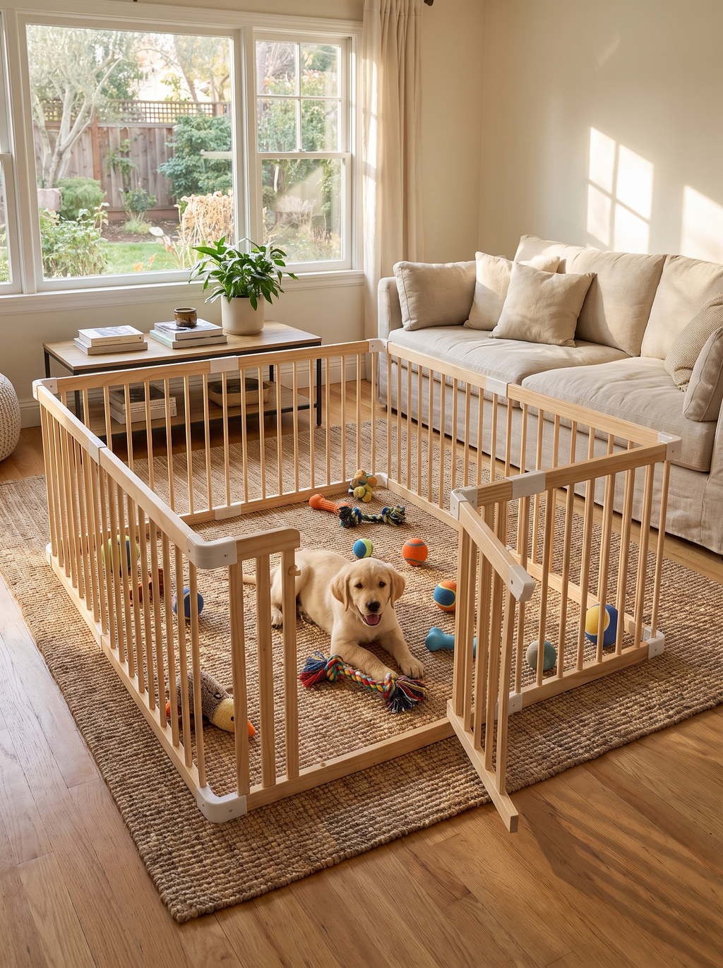 Timber playpen panels arranged along a wall