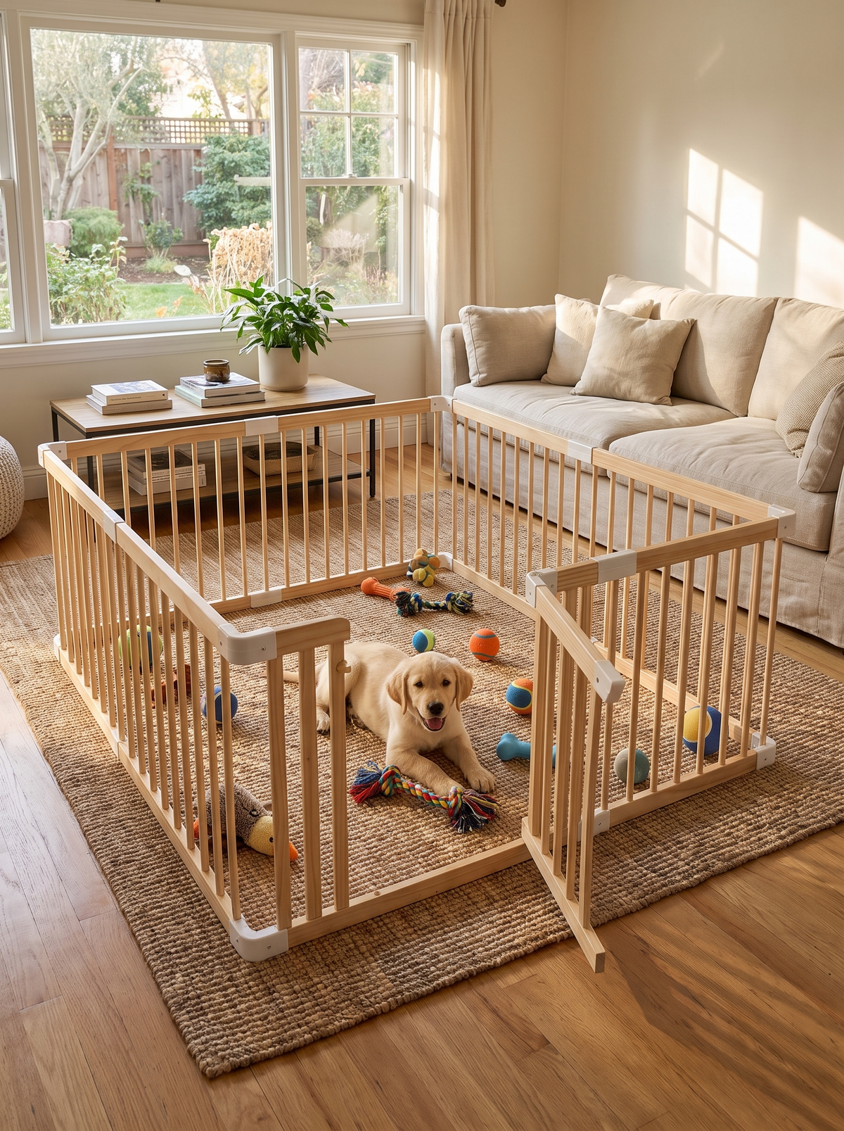 Timber playpen panels arranged along a wall
