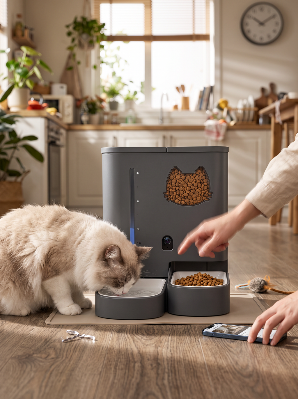 Pet eating a scheduled portion from an automatic feeder