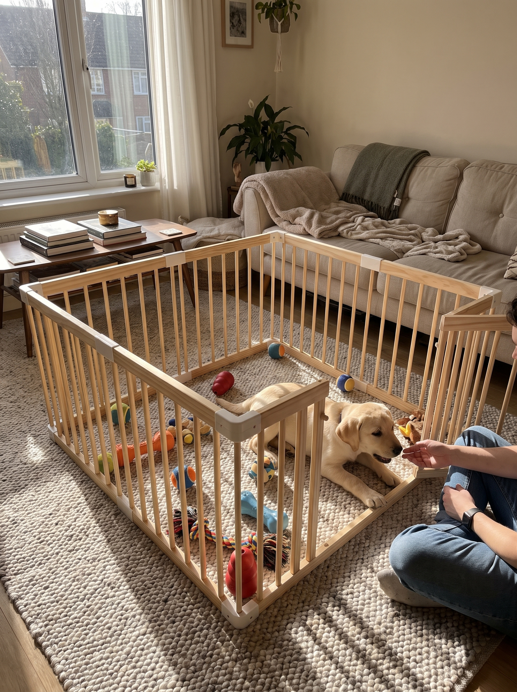 Natural pine pet playpen with a puppy inside