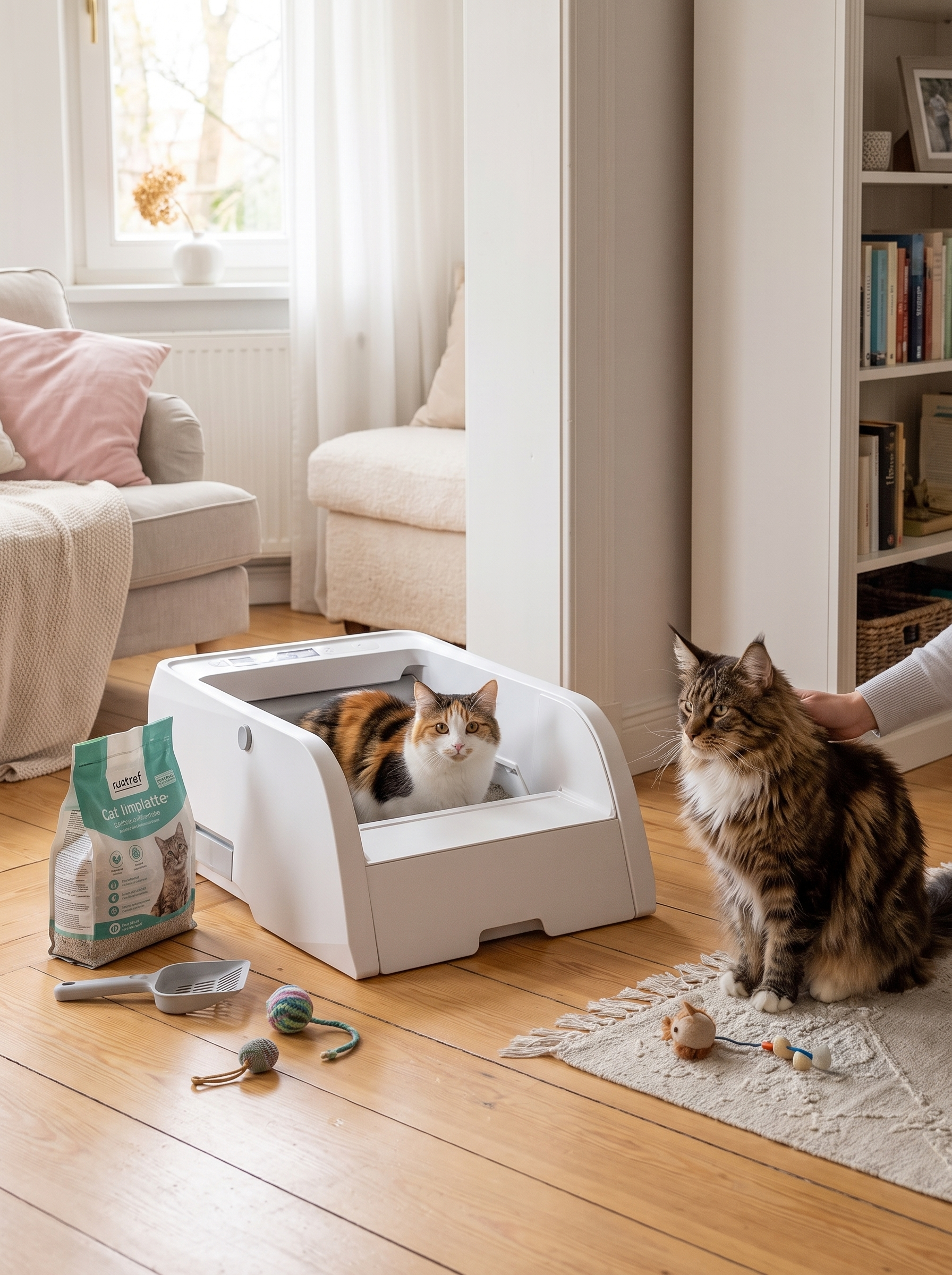Cat stepping into an open top automatic litter box