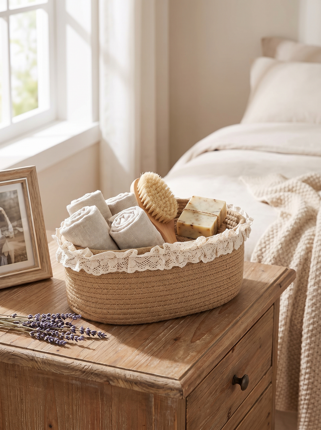 WEAVE oval basket with lace trim
