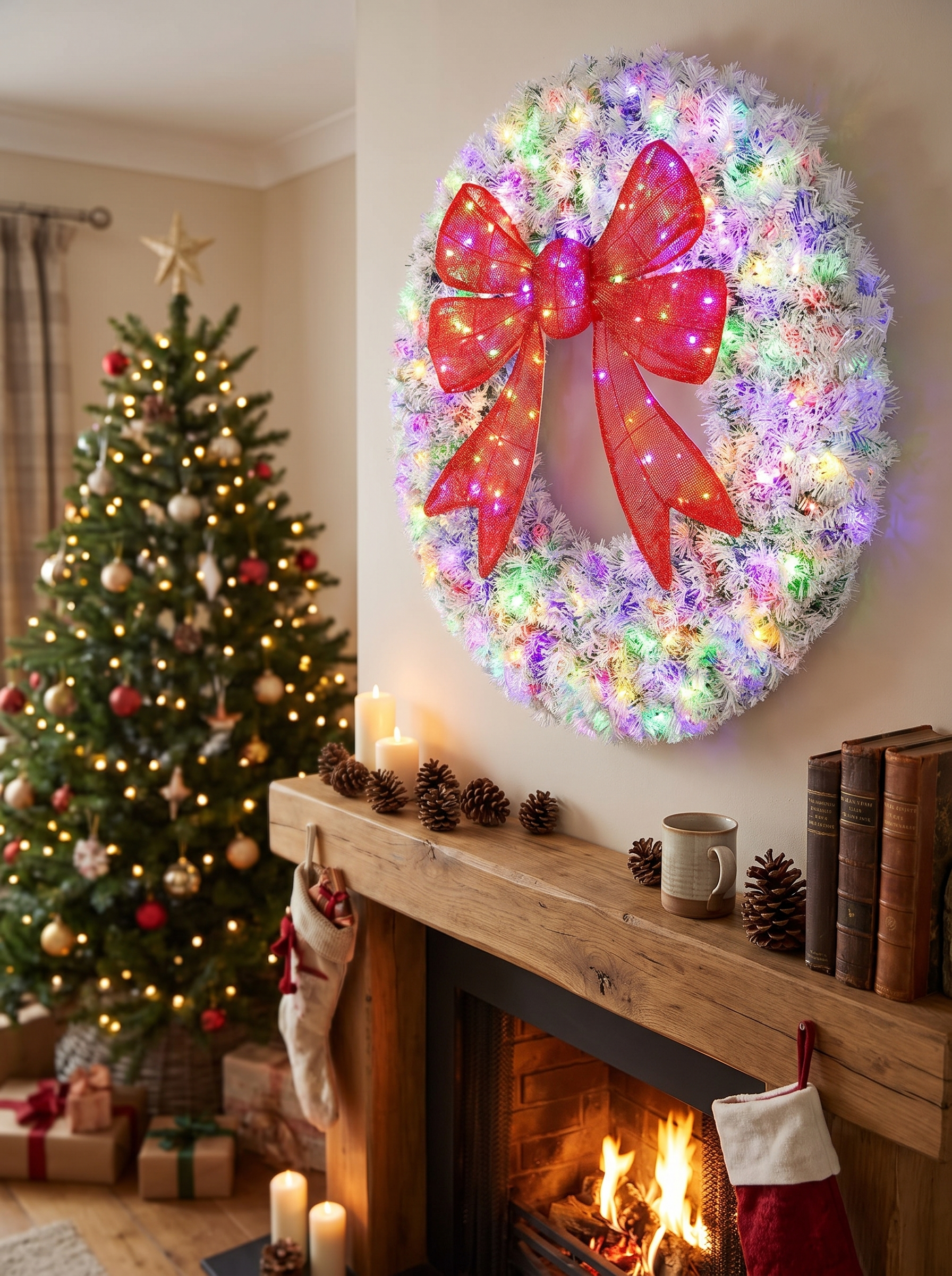 HOLLY wreath red bow lit at night
