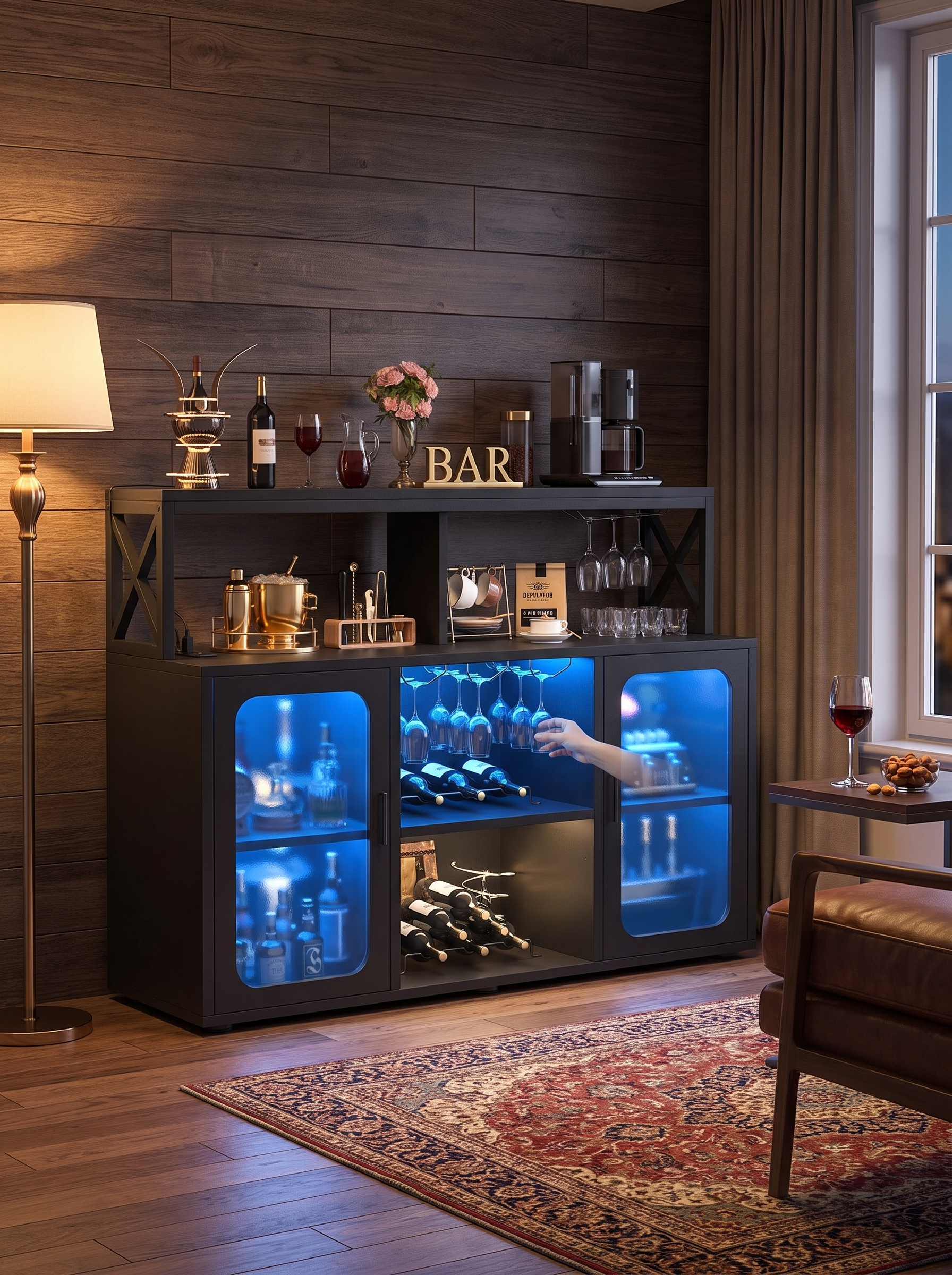 GOODNEST TAVERN bar cabinet lit at night