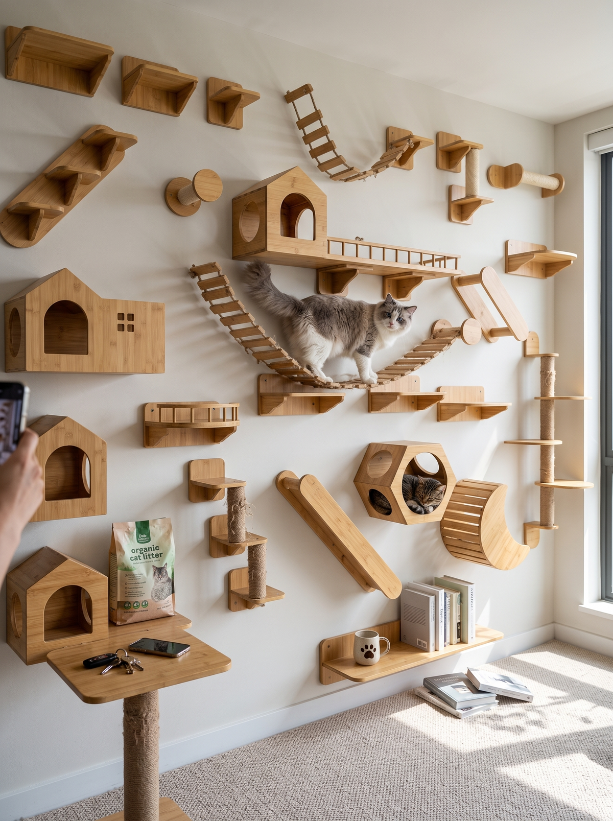 GOODNEST SCALE perch nest box and scratching post on one wall