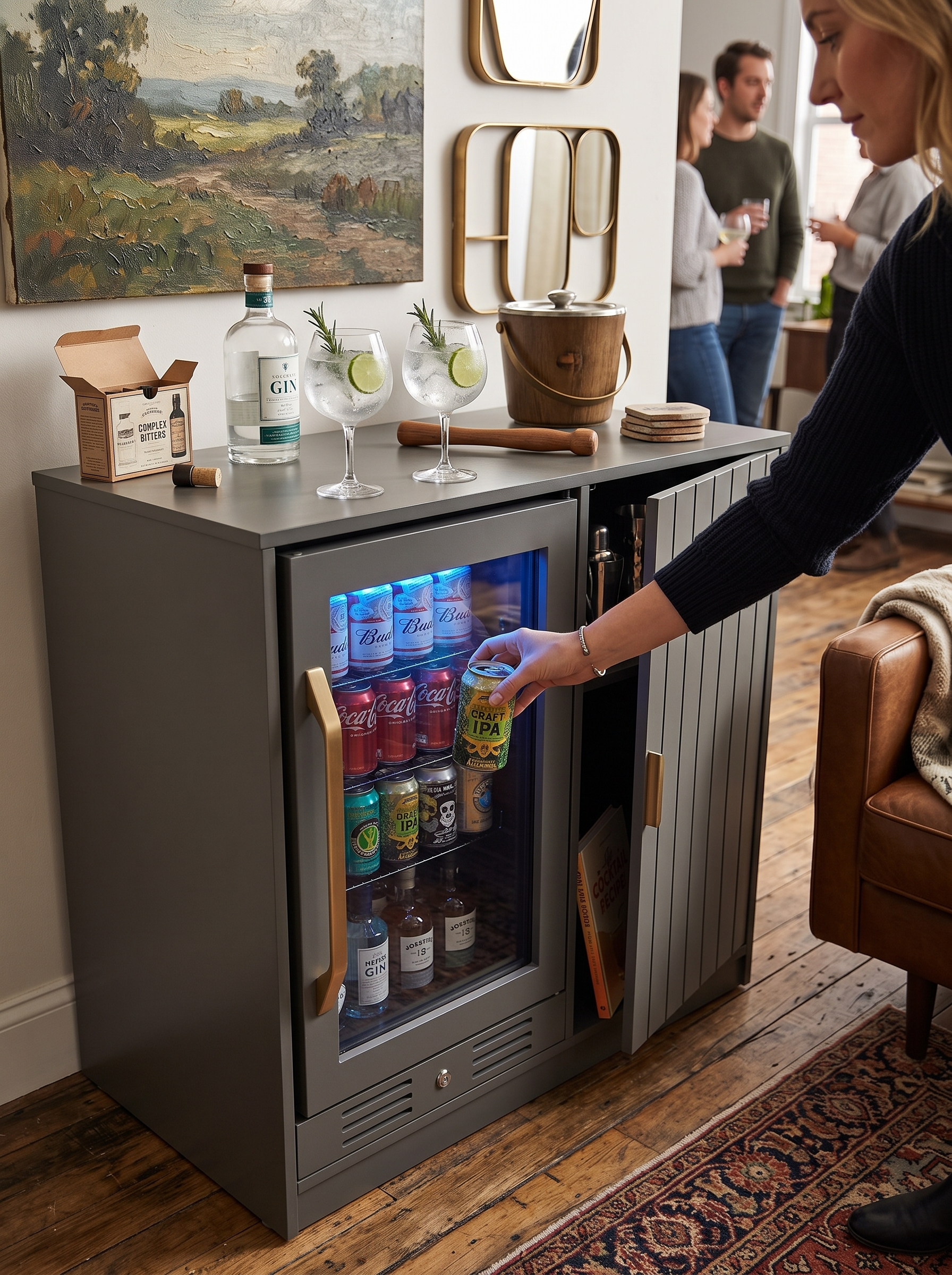 GOODNEST CELLAR bar cabinet with fridge in its bay